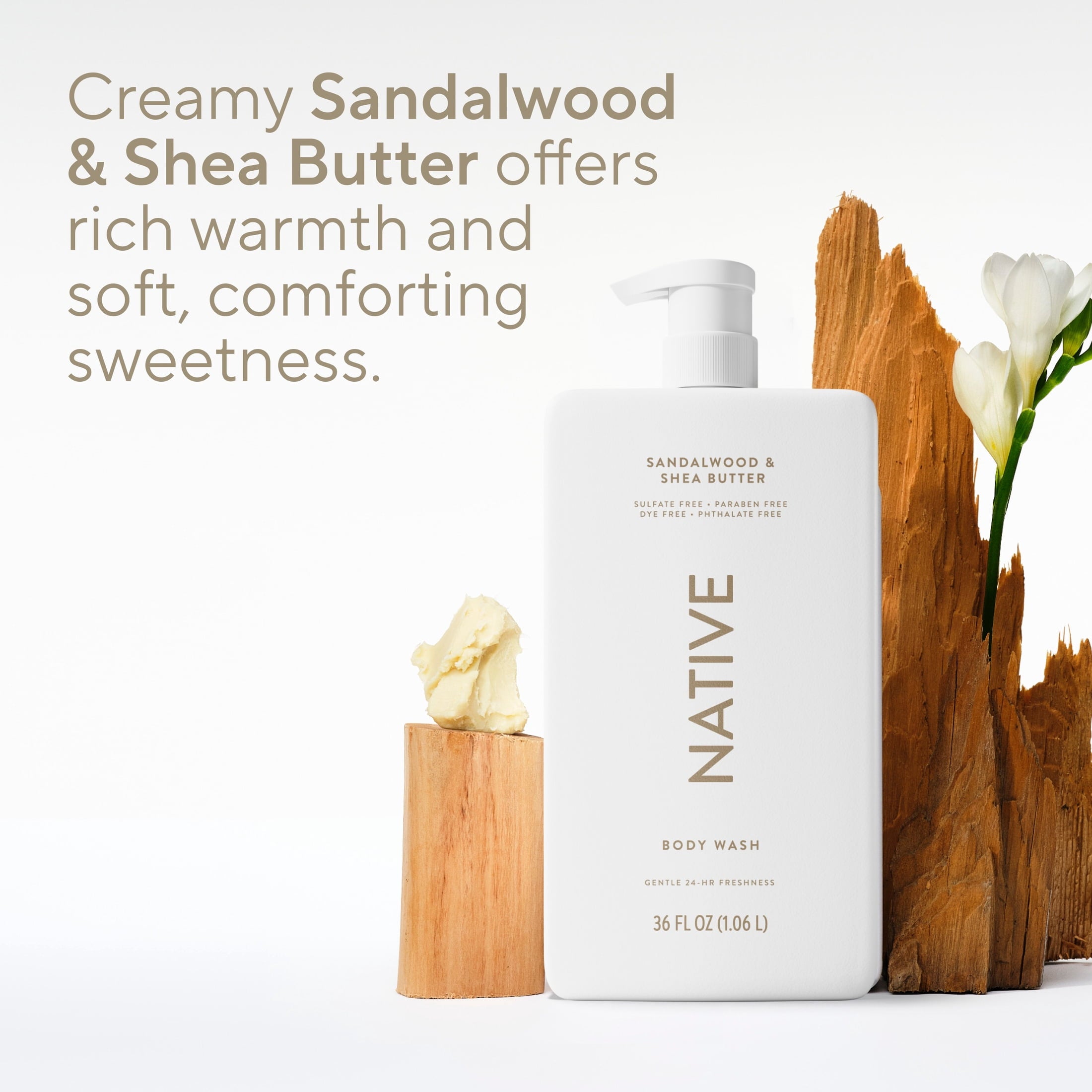 Body Wash, Sandalwood &amp; Shea Butter, Sulfate Free, Naturally Derived Ingredients, 24hr Freshness, for Women &amp; Men, 36 fl oz