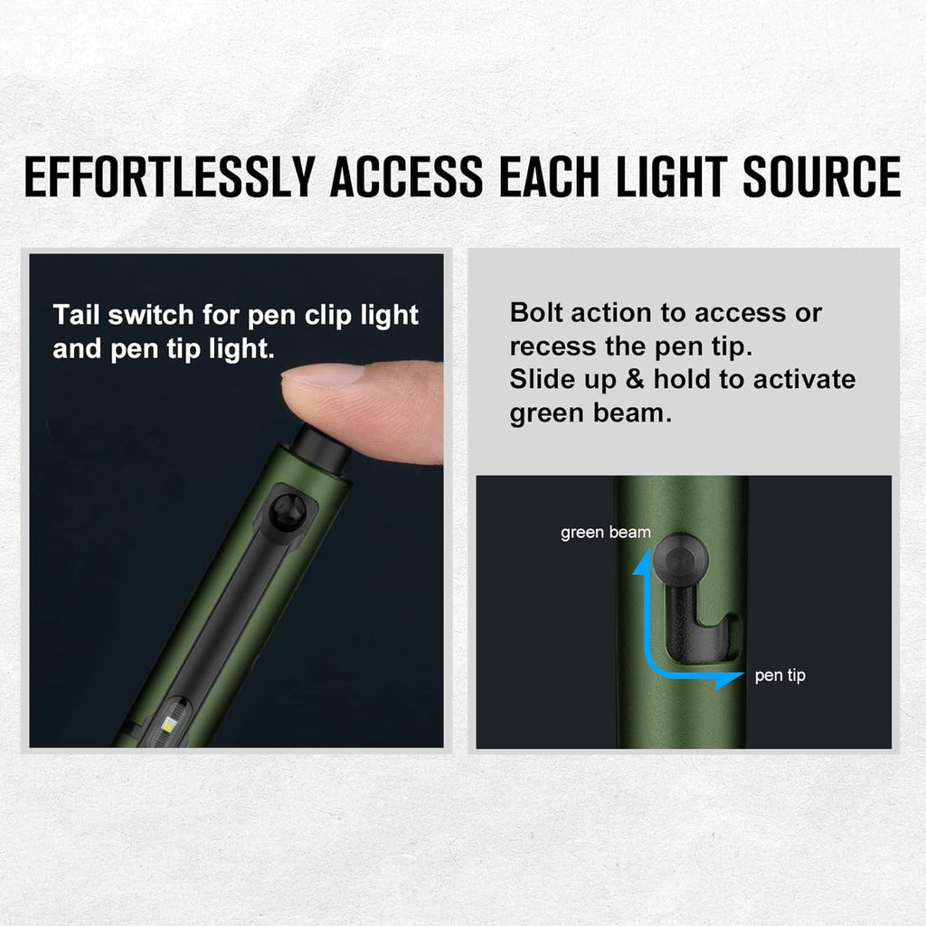 O'Pen Glow EDC Pen Light, 120 Lumens with Green Beam, Rechargeable LED Flashlight for Outdoor Uses, Writing, Adventure, Professional Business Gift(OD Green)