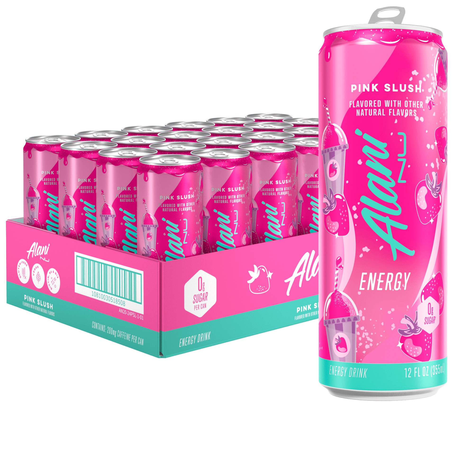Sugar Free Energy Drink, Pink Slush, 12 fl oz, 24 Pack, Cans, 200mg Caffeine