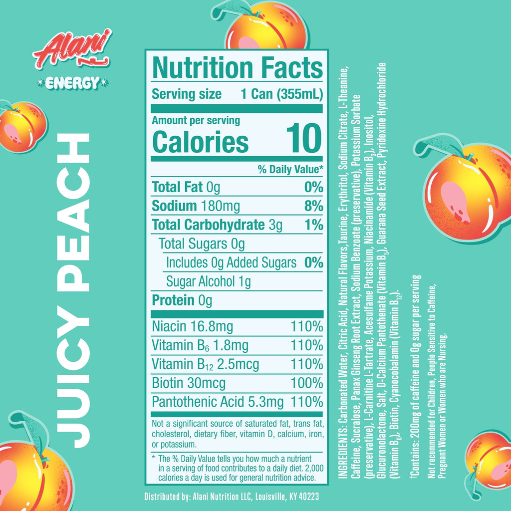 Sugar Free Energy Drink, Juicy Peach, 12 fl oz, 6 Pack, Cans, 200mg Caffeine