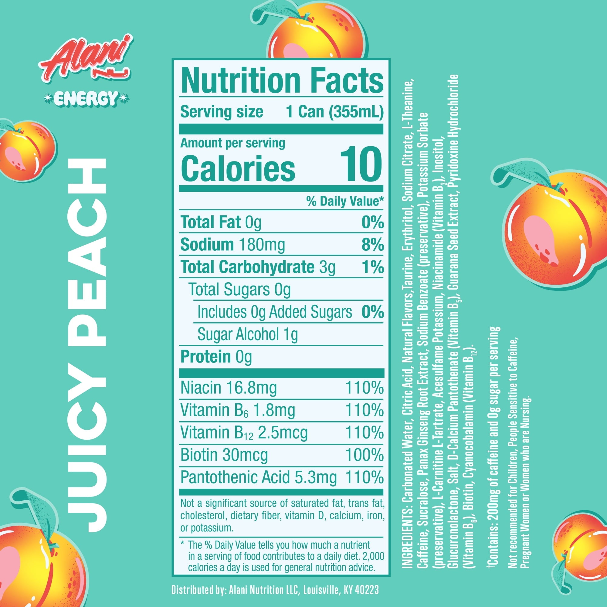 Sugar Free Energy Drink, Juicy Peach, 12 fl oz, 6 Pack, Cans, 200mg Caffeine