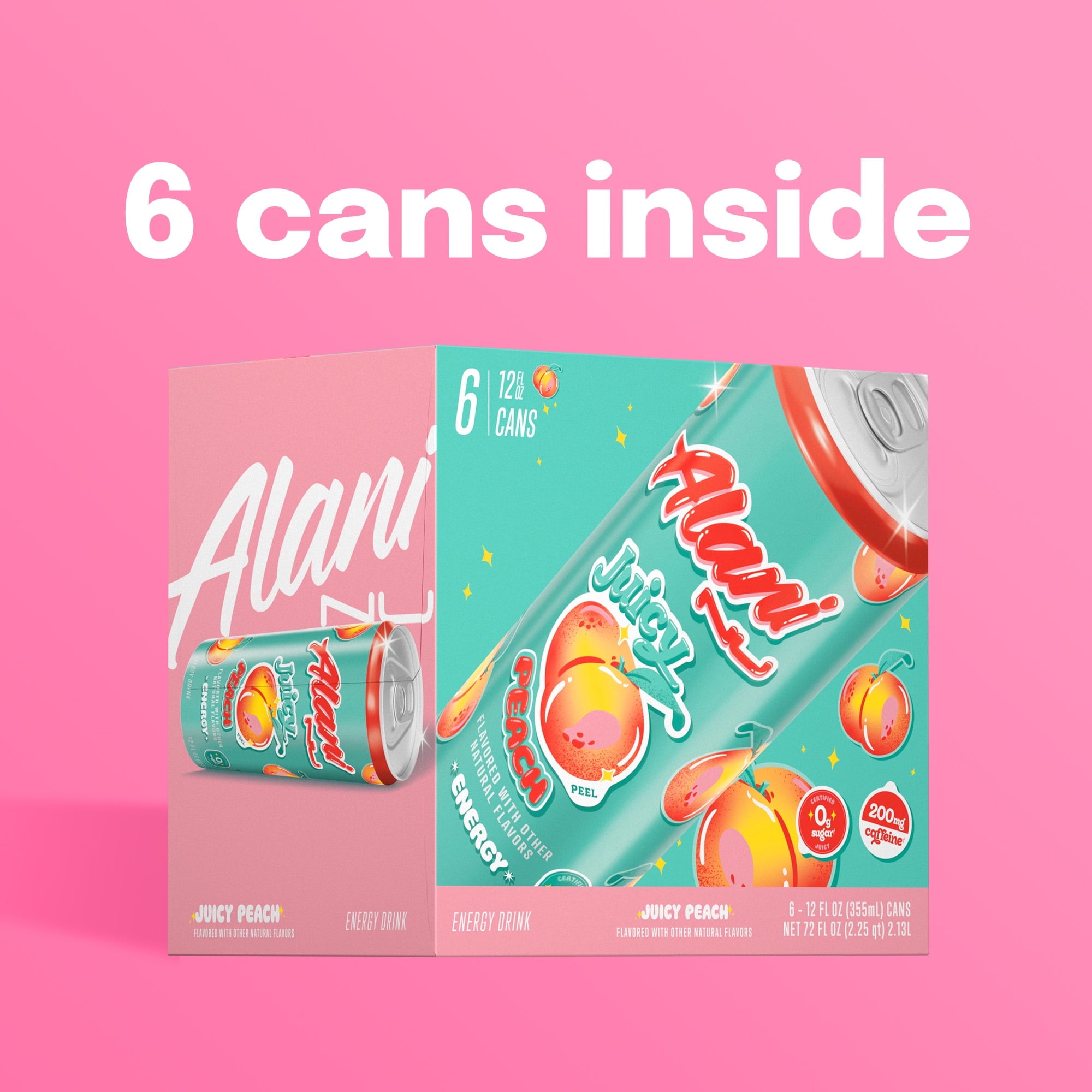 Sugar Free Energy Drink, Juicy Peach, 12 fl oz, 6 Pack, Cans, 200mg Caffeine