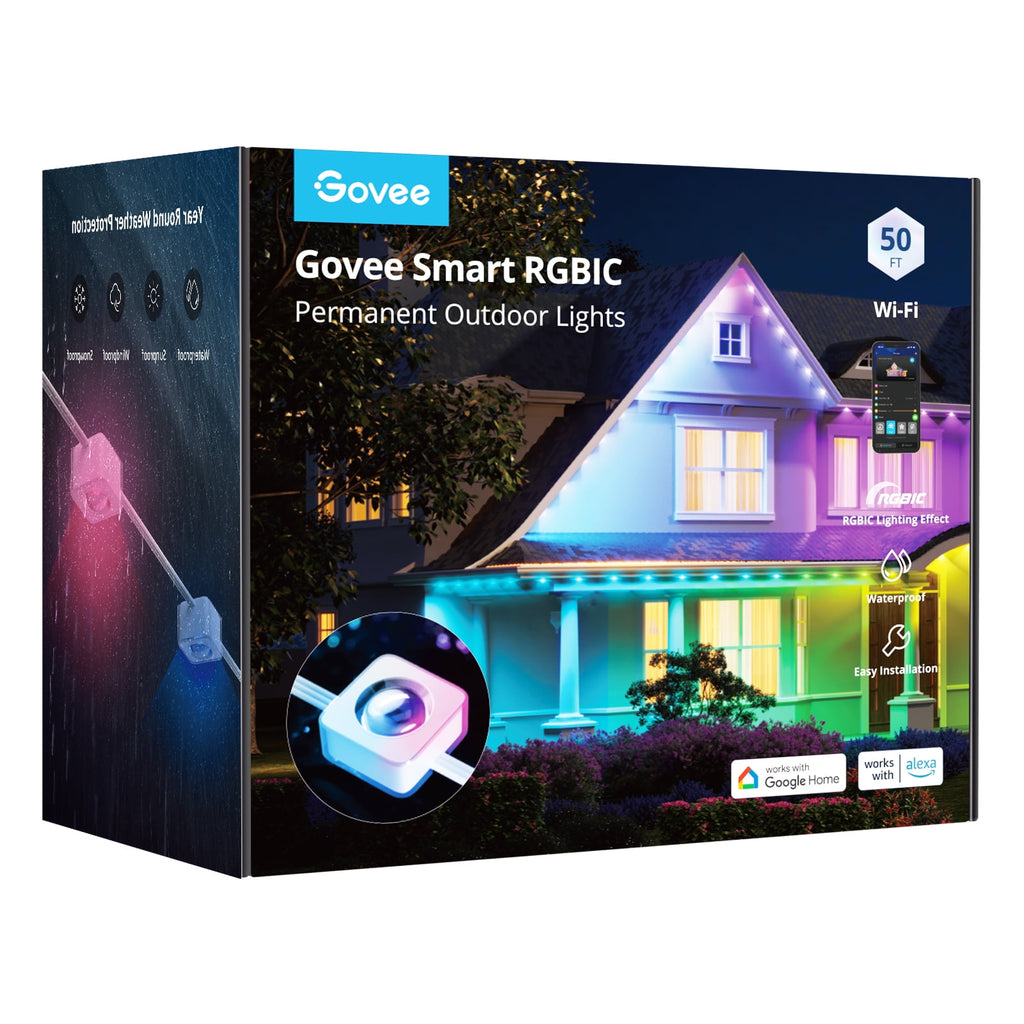 (2 pack) Govee 50ft RGBIC Smart White Permanent Outdoor LED Strip Lights with 36 Lights, Color-Changing, IP67 Waterproof, WiFi + Bluetooth, Patio, Garden Decor, Holiday Lighting