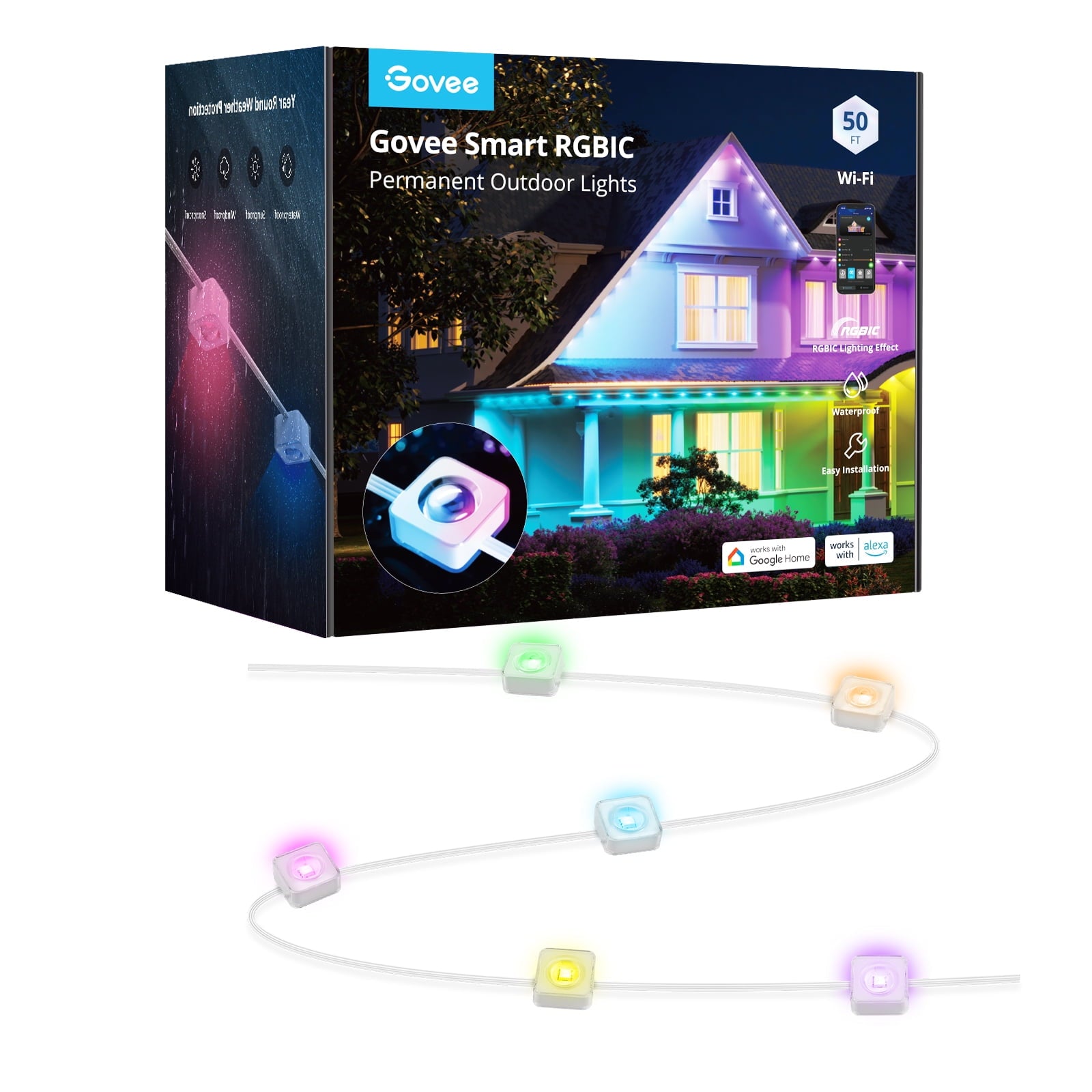 (2 pack) Govee 50ft RGBIC Smart White Permanent Outdoor LED Strip Lights with 36 Lights, Color-Changing, IP67 Waterproof, WiFi + Bluetooth, Patio, Garden Decor, Holiday Lighting