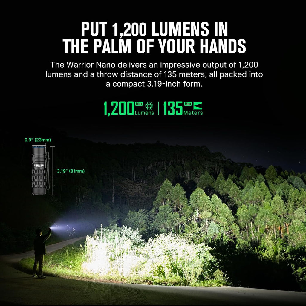 Warrior Nano Tactical Flashlight, 1200 Lumens Rechargeable LED Light with MCC Charger, Dual Switches EDC Light for Emergency, Outdoors and Camping (Black)