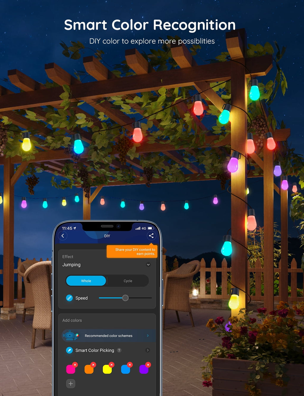 48ft light Bulbs String RGBW WiFi+Bluetooth, for Indoor and Outdoor Decoration