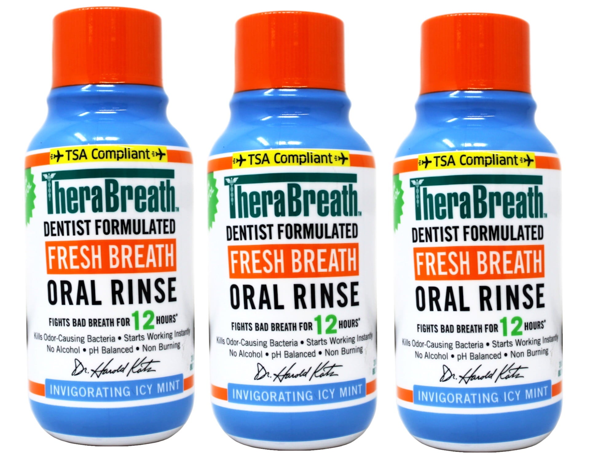 3 Pack - TheraBreath Fresh Breath Mouthwash, Icy Mint, Alcohol-Free, Travel Size, 3 fl oz