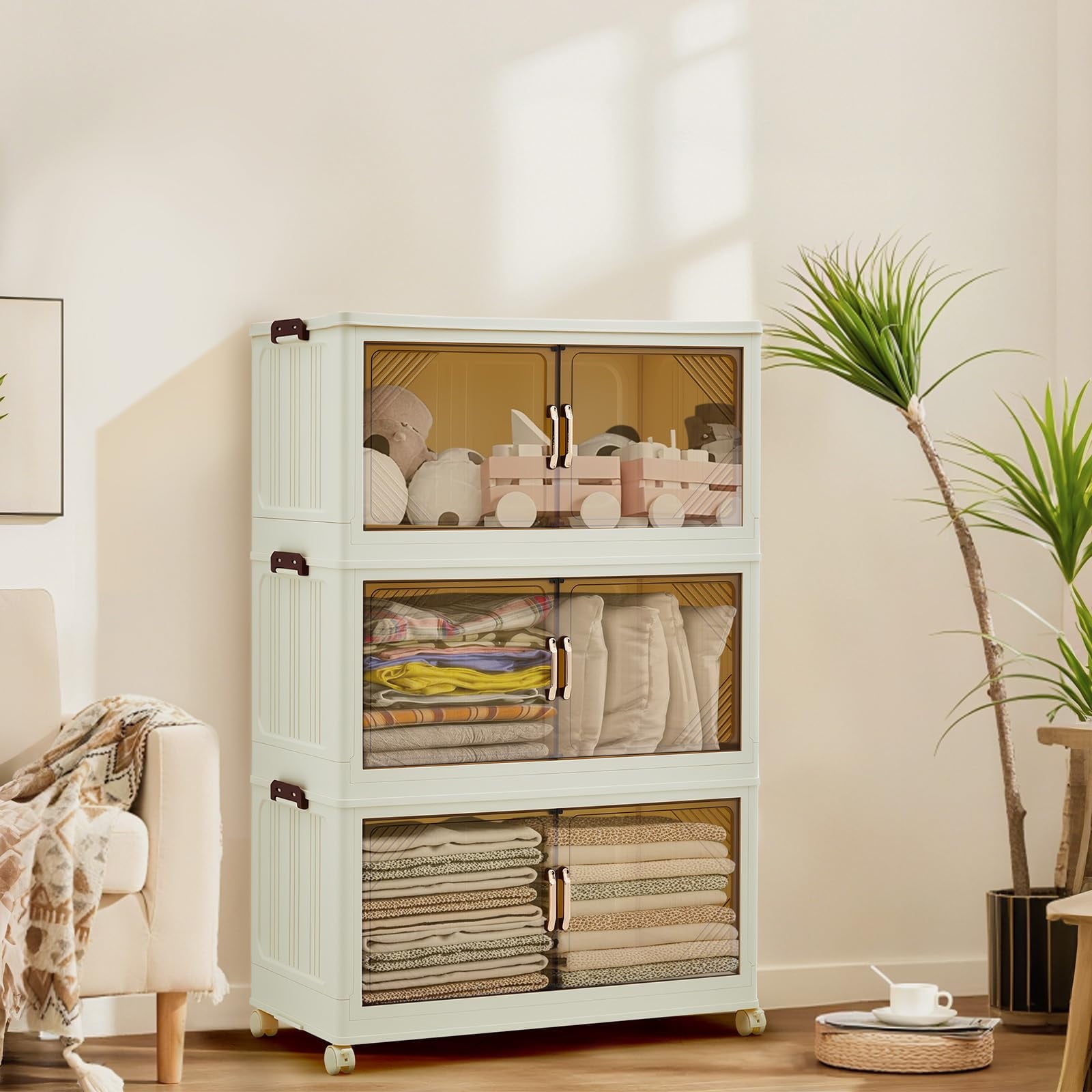 3 Tier Plastic Storage Bins with Lid 48QT, Storage Containers with Wheels, Folding Storage Boxes, with Magnetic Doors for Home,Office, Dorm Room
