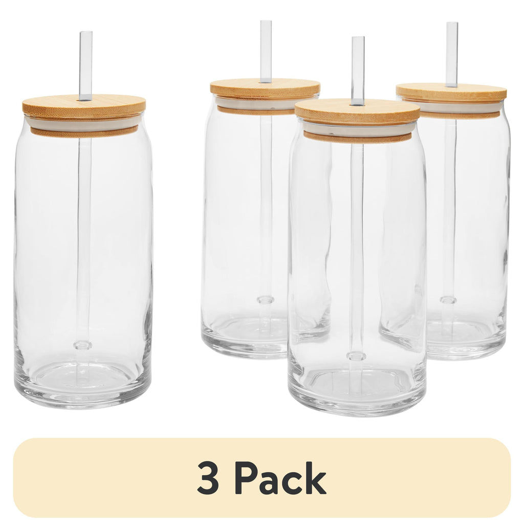 Briar Can Glass Drinkware with Lids &amp; Straws, Set of 4