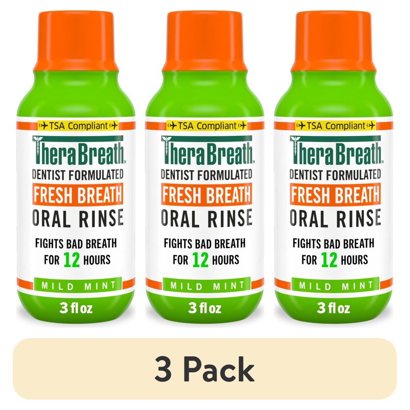 (3 pack) TheraBreath Fresh Breath Mouthwash, Mild Mint, Alcohol-Free, TSA Compliant Travel Size, 3 fl oz