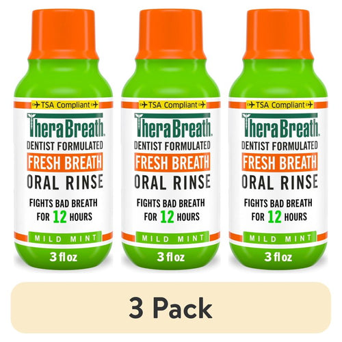 (3 pack) TheraBreath Fresh Breath Mouthwash, Mild Mint, Alcohol-Free, TSA Compliant Travel Size, 3 fl oz