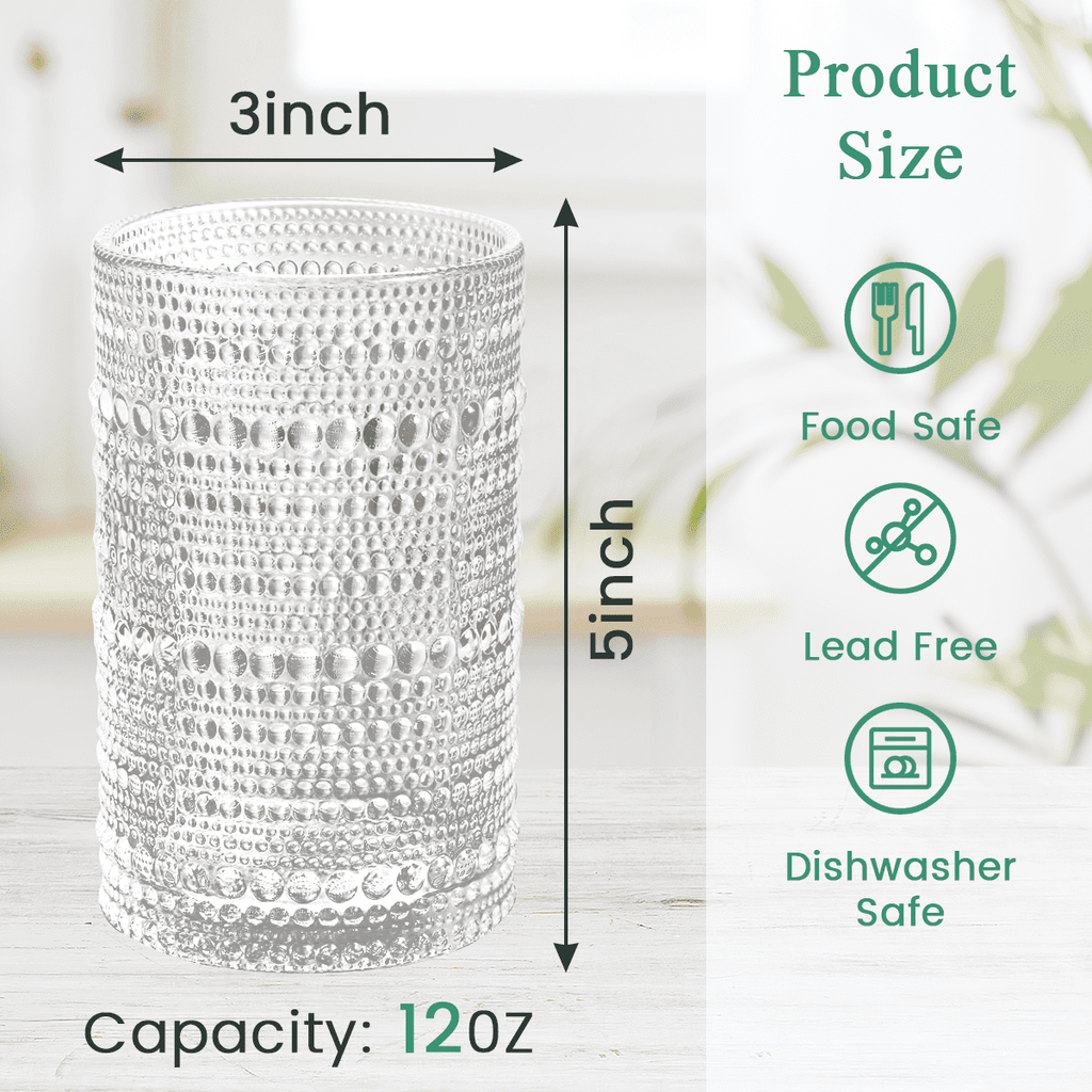 12 oz Vintage Hobnail Drinking Glasses ,Hobnail Glass Cups Set of 6, Embossed Water Tumbler, Cups for Kitchen, Beaded Glassware, Highball Glasses for Whiskey, Juice, Water, Beer
