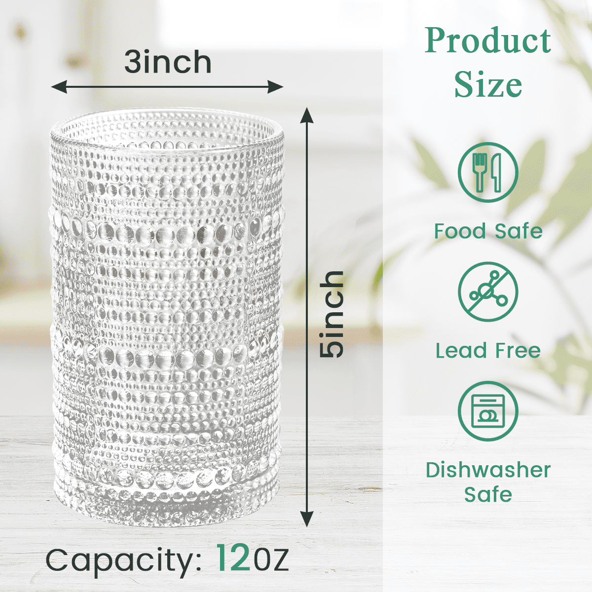 12 oz Vintage Hobnail Drinking Glasses ,Hobnail Glass Cups Set of 6, Embossed Water Tumbler, Cups for Kitchen, Beaded Glassware, Highball Glasses for Whiskey, Juice, Water, Beer