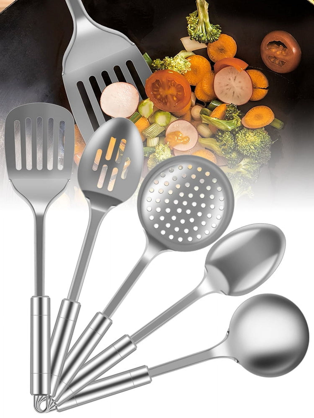 cooking utensils sets 5pcs Metal Stainless Steel Utensil for Cooking Kitchen Cooking Utensils Set Kitchen Gadgets Tools Set Spoons Spatula Sets with Handle Hanging Hole