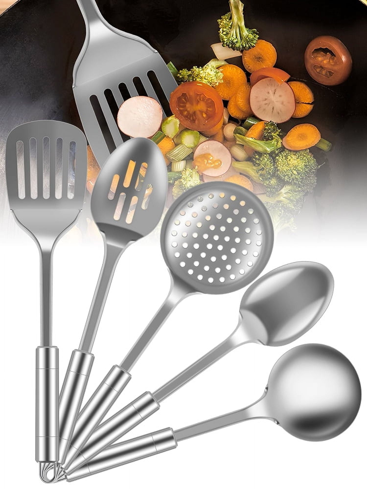 cooking utensils sets 5pcs Metal Stainless Steel Utensil for Cooking Kitchen Cooking Utensils Set Kitchen Gadgets Tools Set Spoons Spatula Sets with Handle Hanging Hole