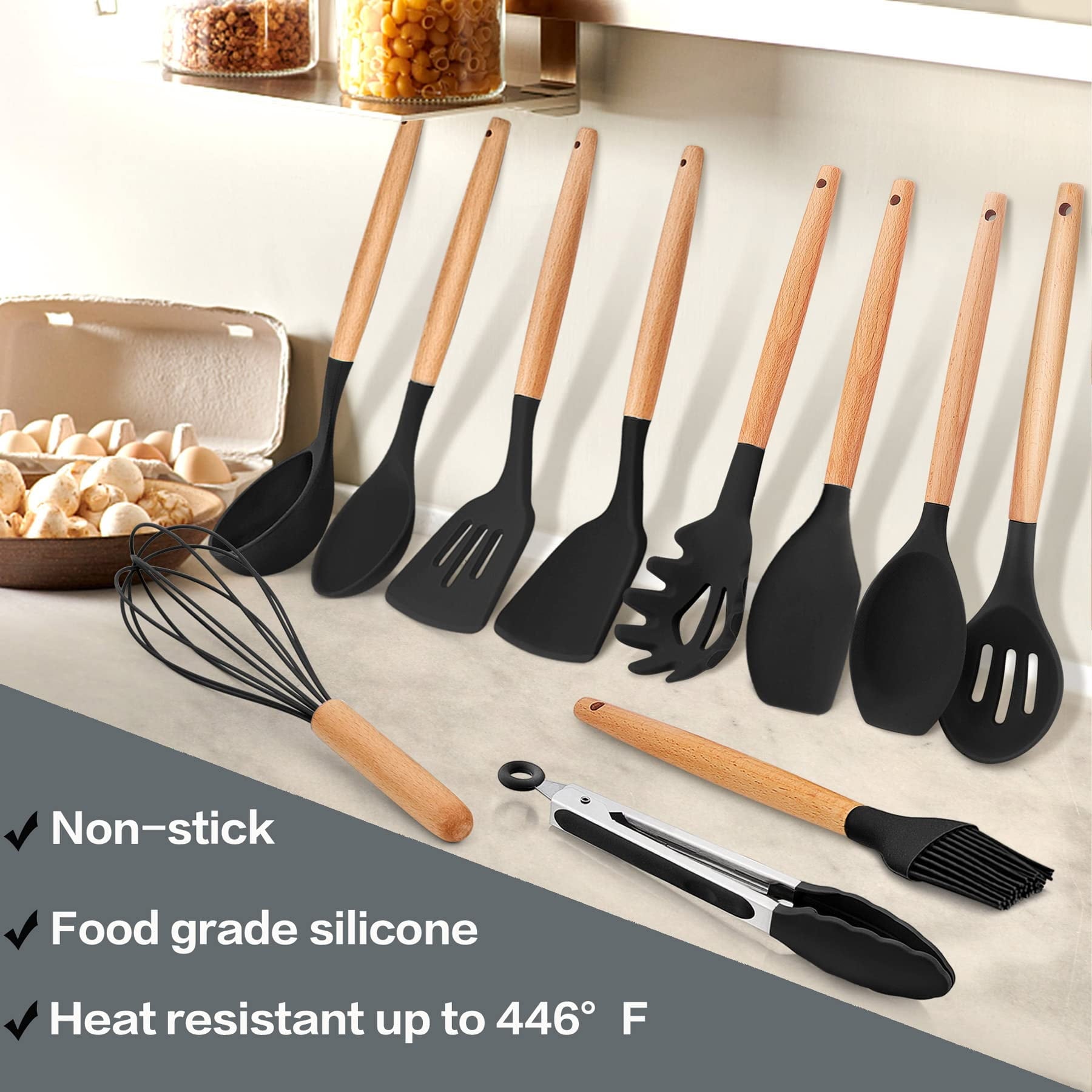38 Pcs Silicone Cooking Utensils Kitchen Utensil Set - 446°F ,Turner Tongs,Spatula,Spoon,Brush,Whisk. Wooden Handles Kitchen Gadgets Tools Set for Non-Stick Cookware (BPA Free).