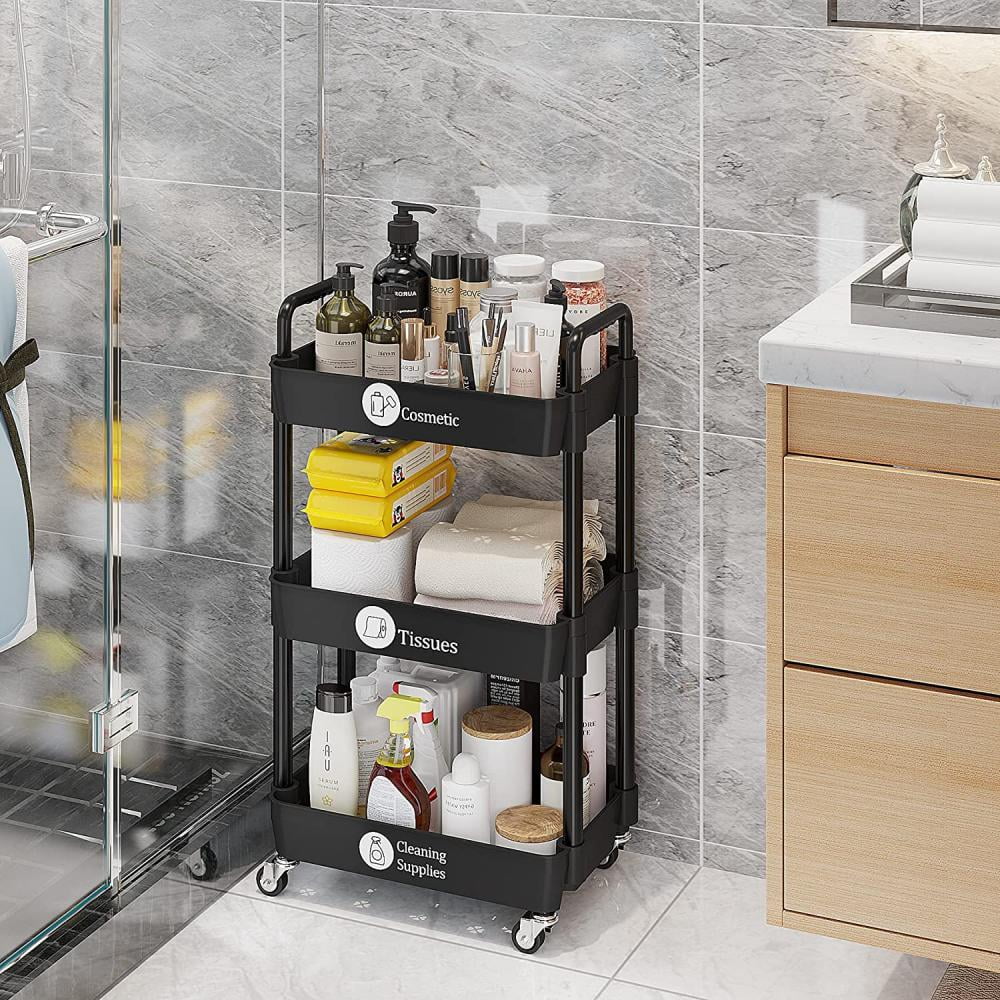 3-Tier Metal Rolling Storage Cart Shelves Rolling Utility Cart Organizer Cart Movable Storage Organizer Bathroom Kitchen Office Workshop White