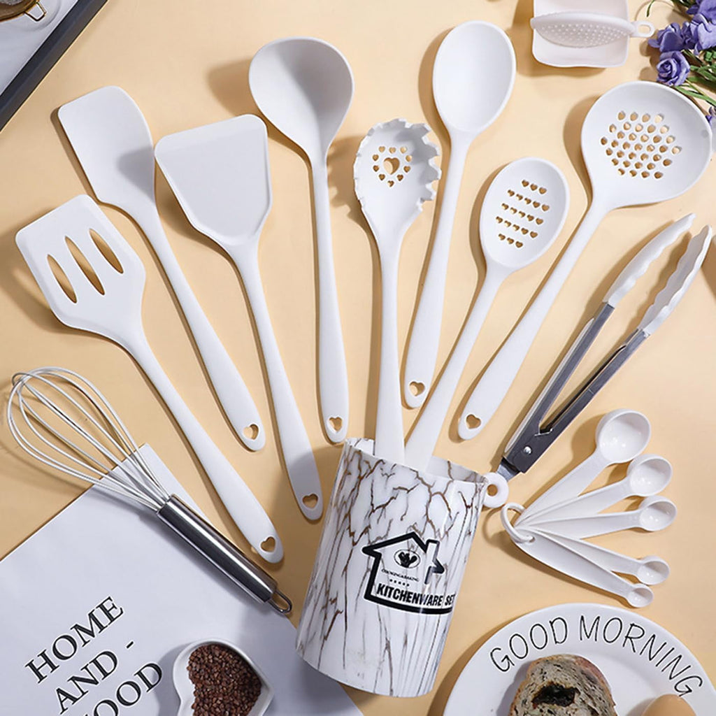 18PCS Silicone Cooking Utensils Set - 446°F Kitchen Utensils,Turner Tongs,Spatula,Spoon,Brush,Whisk,Kitchen Utensil Gadgets Tools Set for Nonstick Cookware, - White