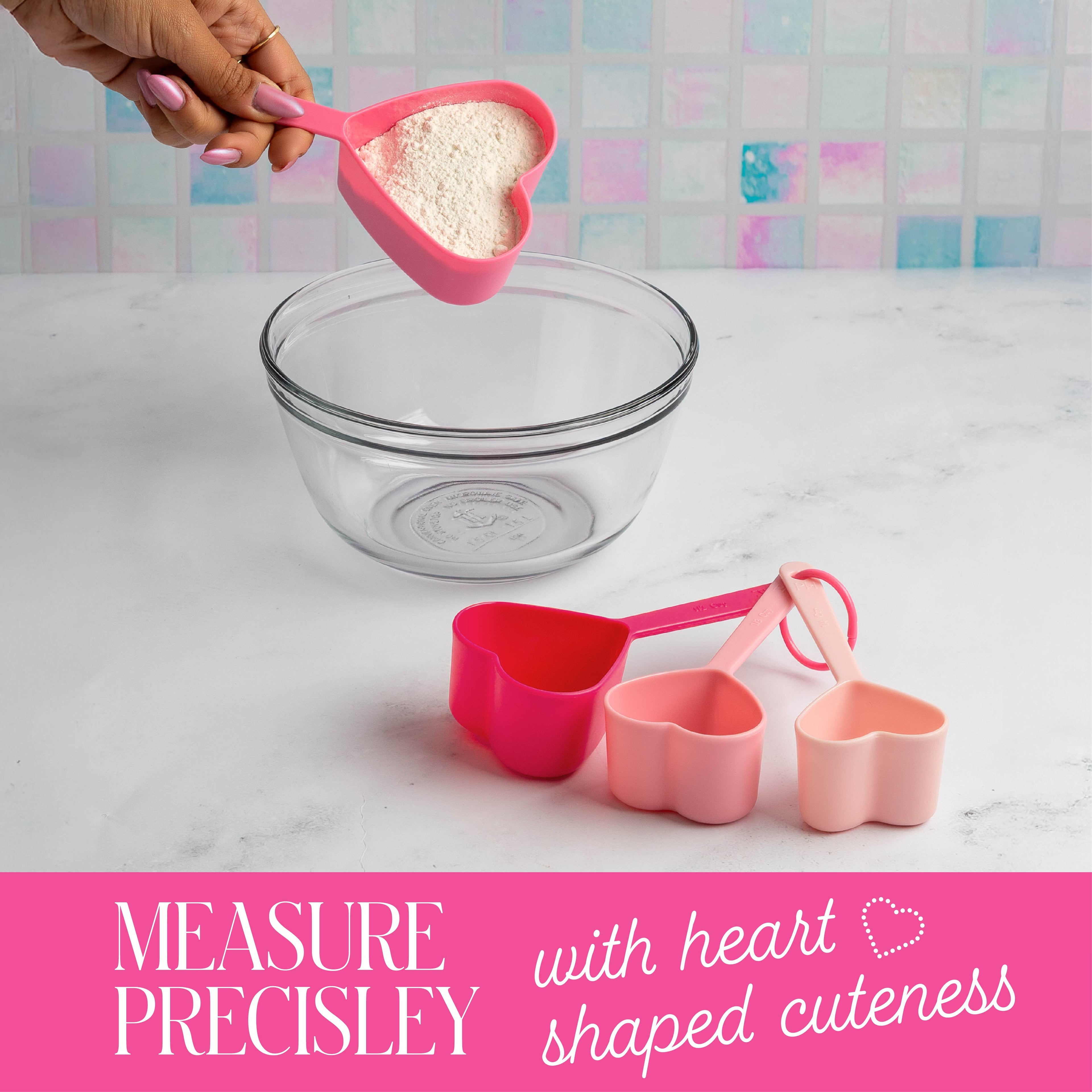 20-Piece Kitchen Gadget Set, Heart-Shaped Measuring Cups &amp; Spoons, Silicone Tools &amp; Bag Clips, , Pink