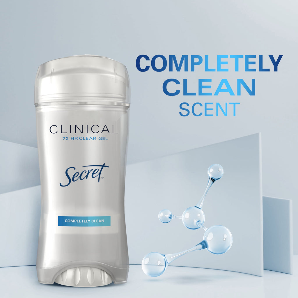 Secret Clinical Strength Clear Gel Antiperspirant and Deodorant for Women, Completely Clean, 2.6 oz Pack of 3