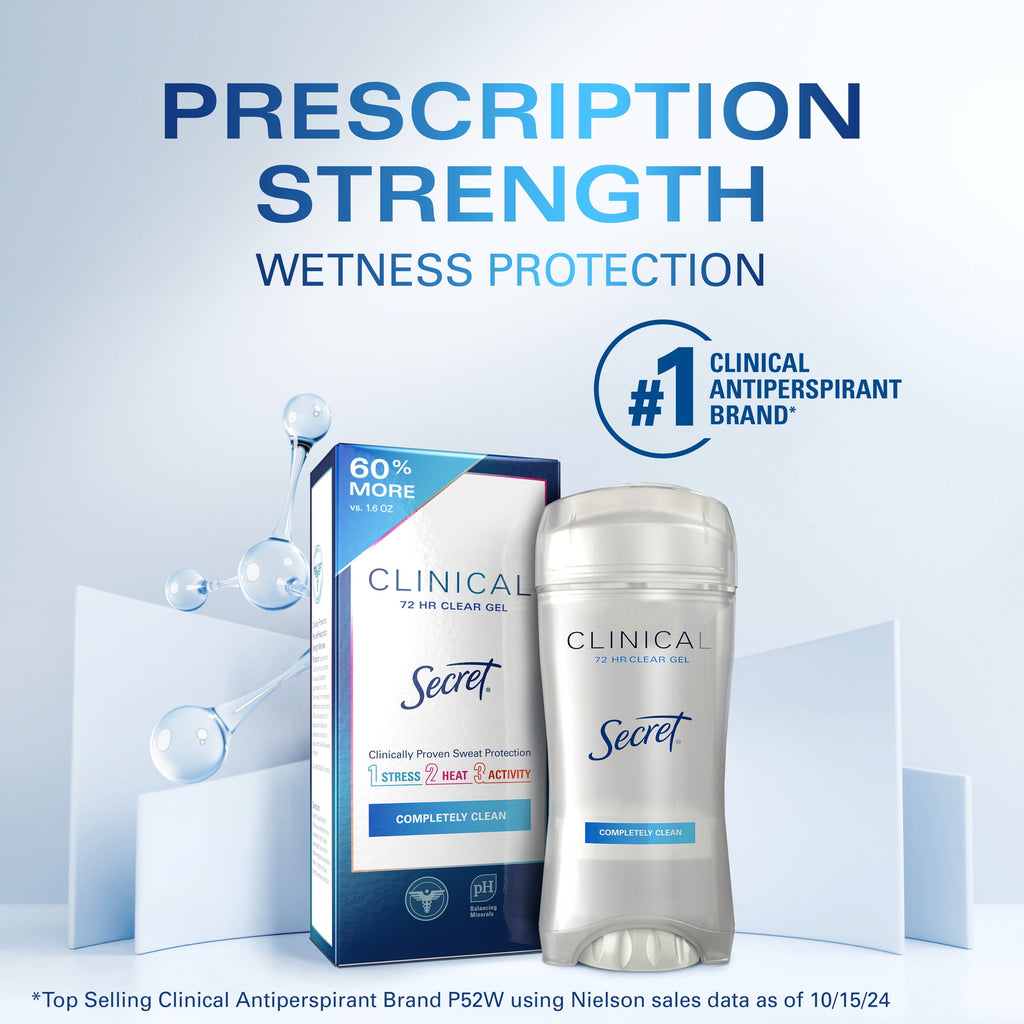 Secret Clinical Strength Clear Gel Antiperspirant and Deodorant for Women, Completely Clean, 2.6 oz Pack of 3