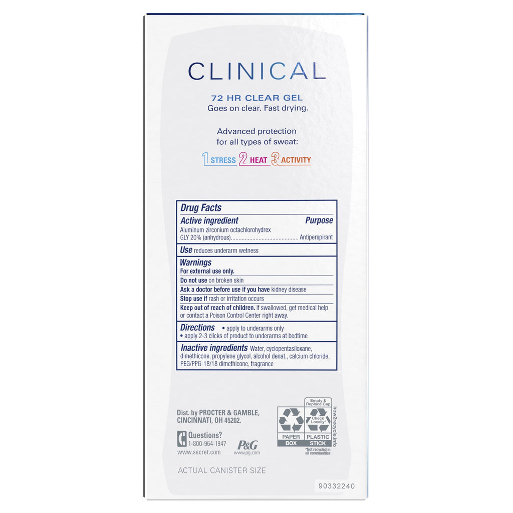 Secret Clinical Strength Clear Gel Antiperspirant and Deodorant for Women, Completely Clean, 2.6 oz Pack of 3
