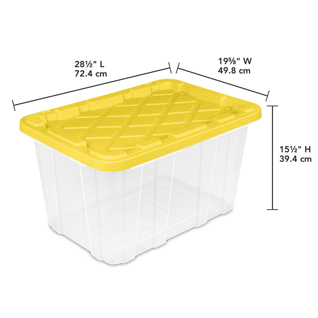 Large Storage Bin, 27 Gallon Plastic Storage Tote with Snap-On Lid, Black and Yellow, 6 Pack
