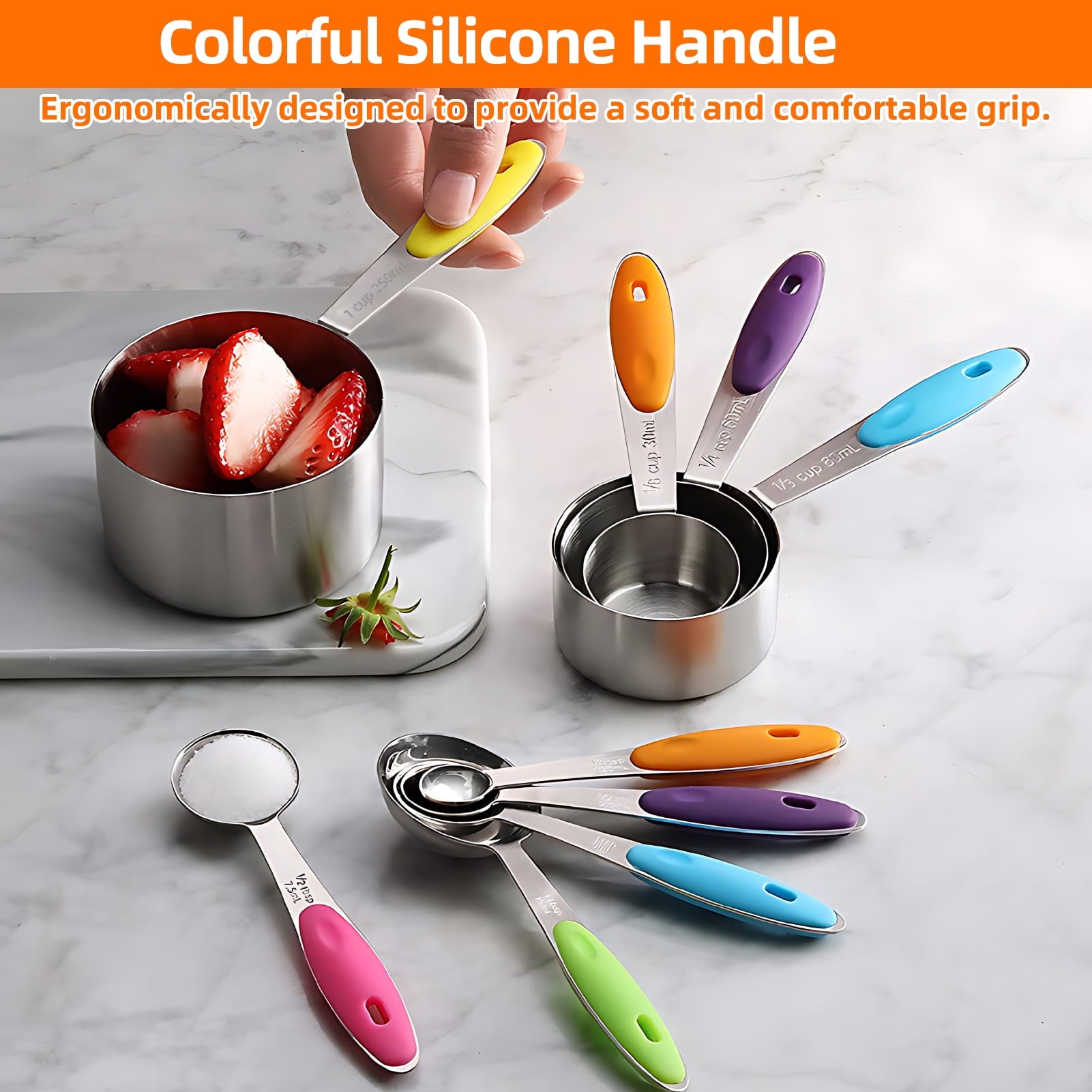 Measuring Cups and Spoons Set of 15, Kitchen Measuring Tool with Colored Silicone Handle, Including 5 Nesting Measuring Cups, 5 Spoons, 5 Mini Spoons Stainless Steel for Cooking Baking