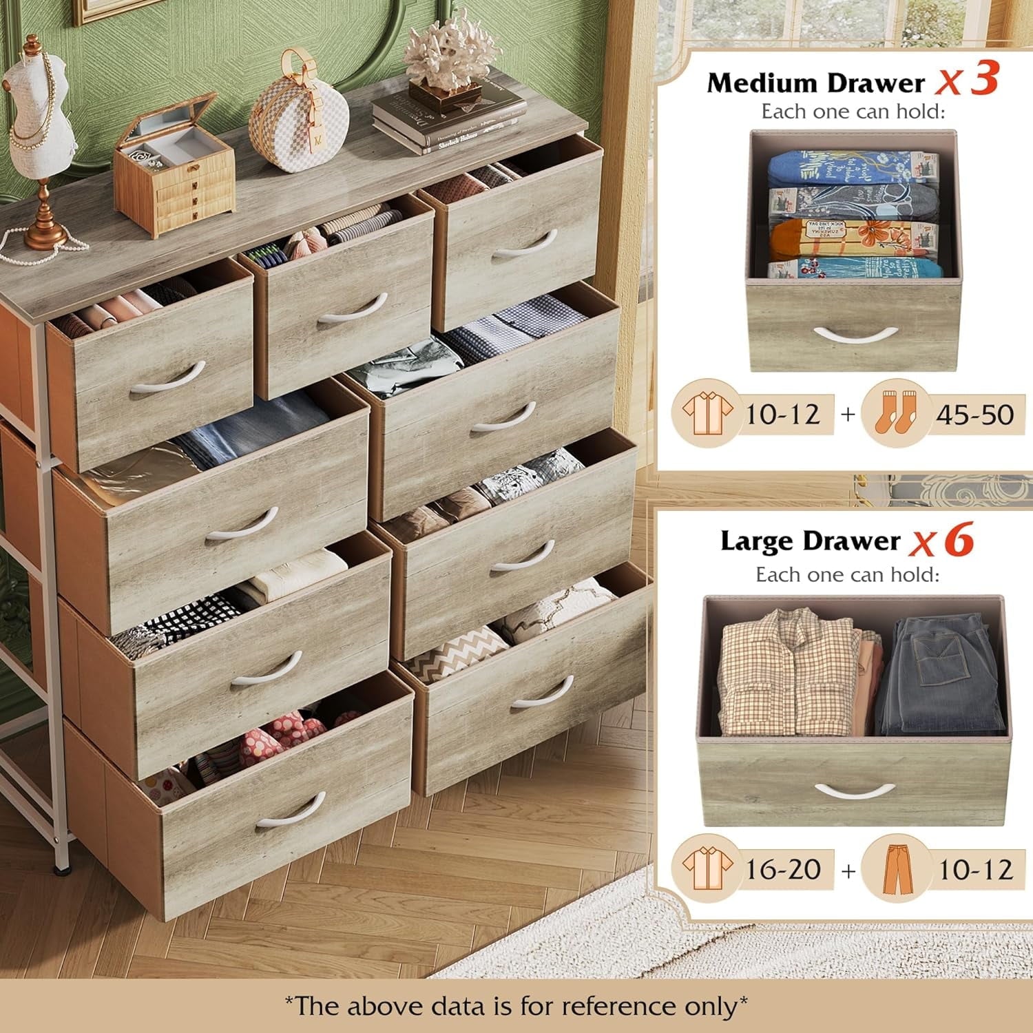 Dresser, Storage Organizer with 9 Drawers for Bedroom, Chest of Drawer with Fabric Bin, Sturdy Metal Frame, Wood Top for Closet, Nursery,Black