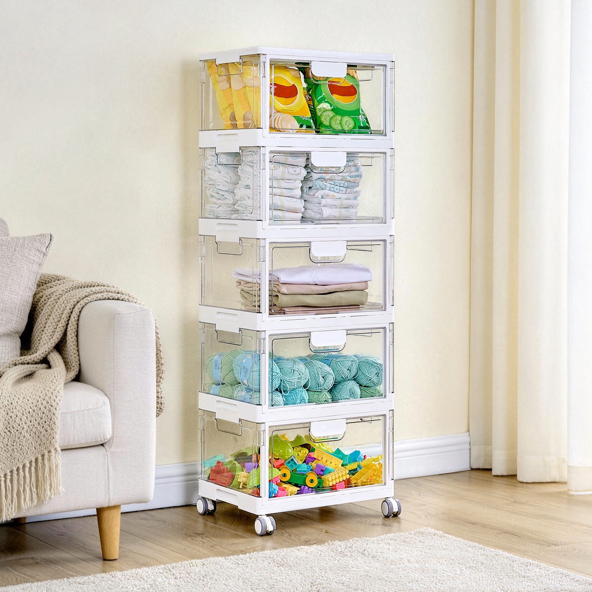 3-Layer Storage Bins, 72Qt Large Storage Containers with Lids, Storage Bins with wheels for Home Office Bedroom, Bathroom, White