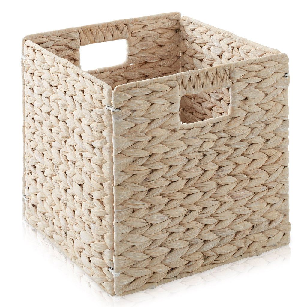 10.5" x 10.5" Water Hyacinth Storage Baskets, Natural - Set of 2 Collapsible Cube Organizers, Woven Bins for Bathroom, Bedroom, Laundry, Pantry, Shelves
