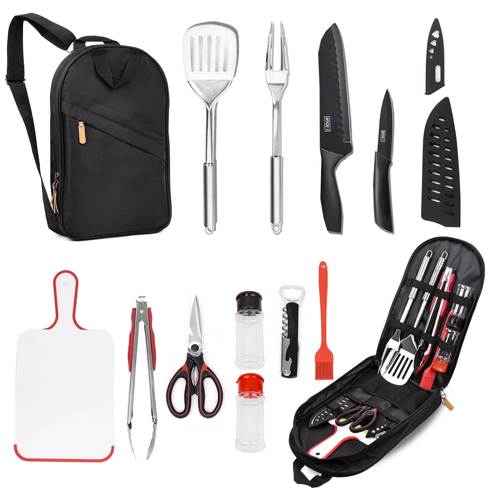 Camp Utensil Set Kitchen Cooking BBQ Grill Tool Kit with Organizer Bag, 12-Piece Travel Kitchen Grill Accessories Compact Gear Cookware Kit for Camping RV Sailboat Backyard BBQ