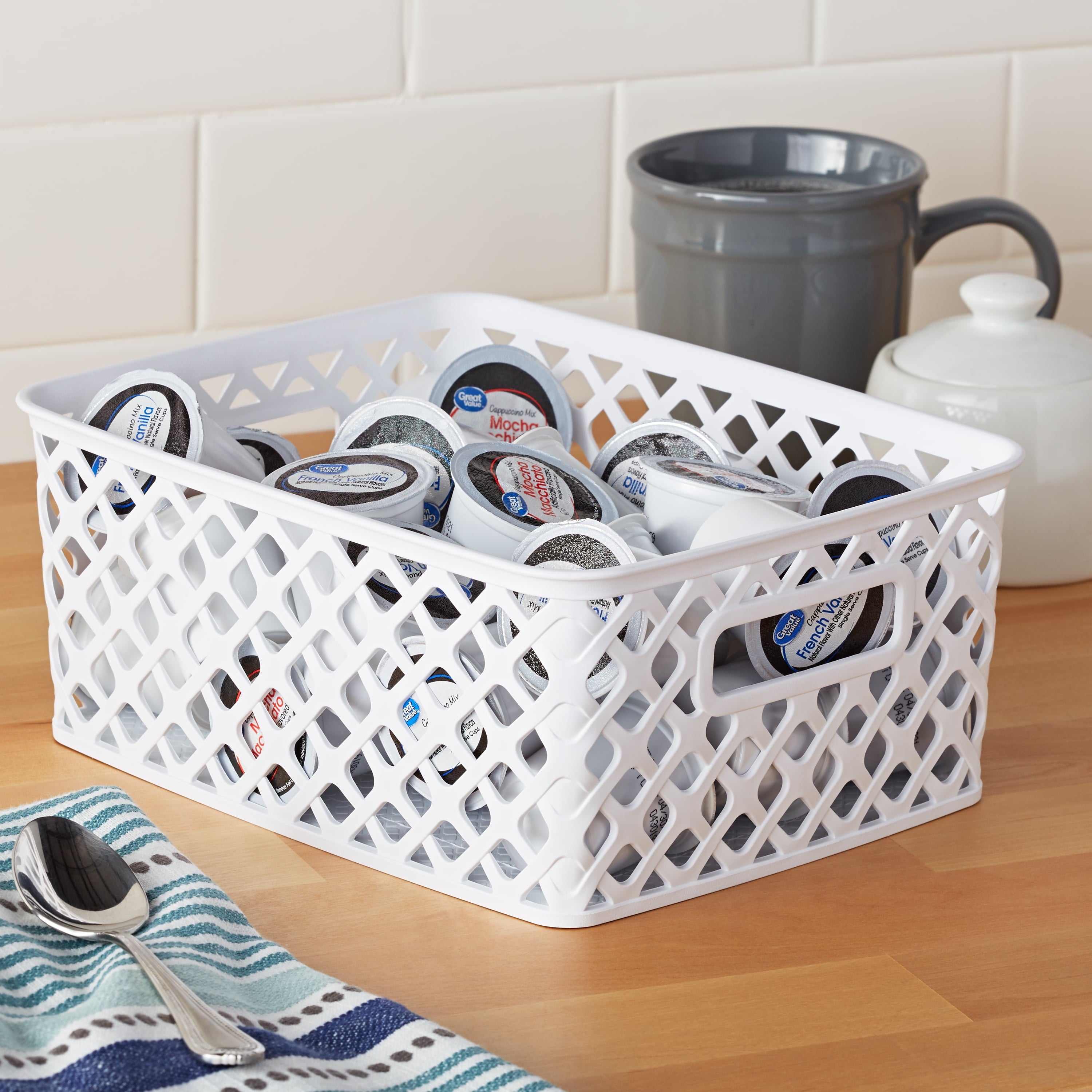 Small White Decorative Plastic Storage Basket, 10 in x 8 in x 4 in