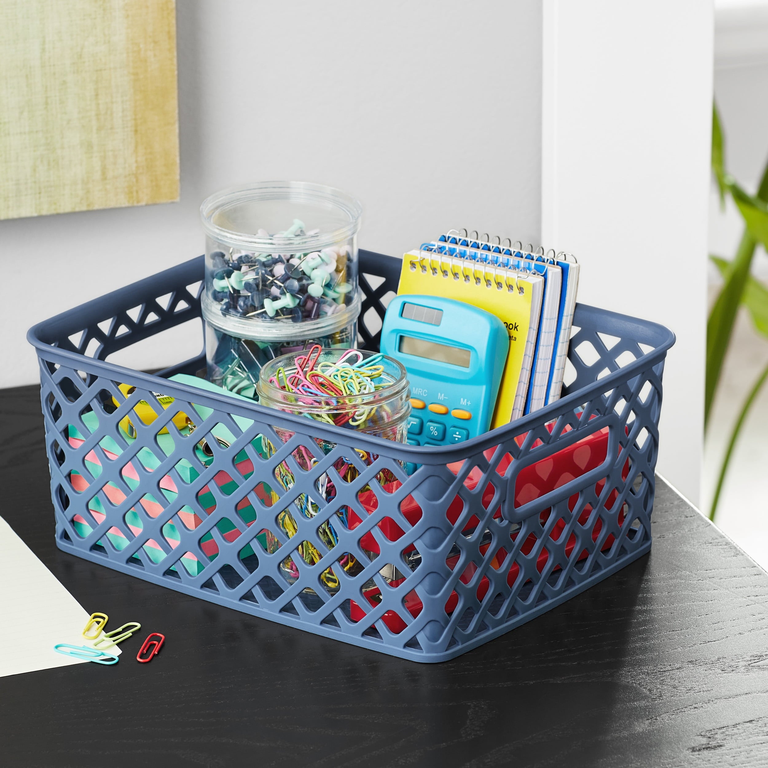 Small White Decorative Plastic Storage Basket, 10 in x 8 in x 4 in