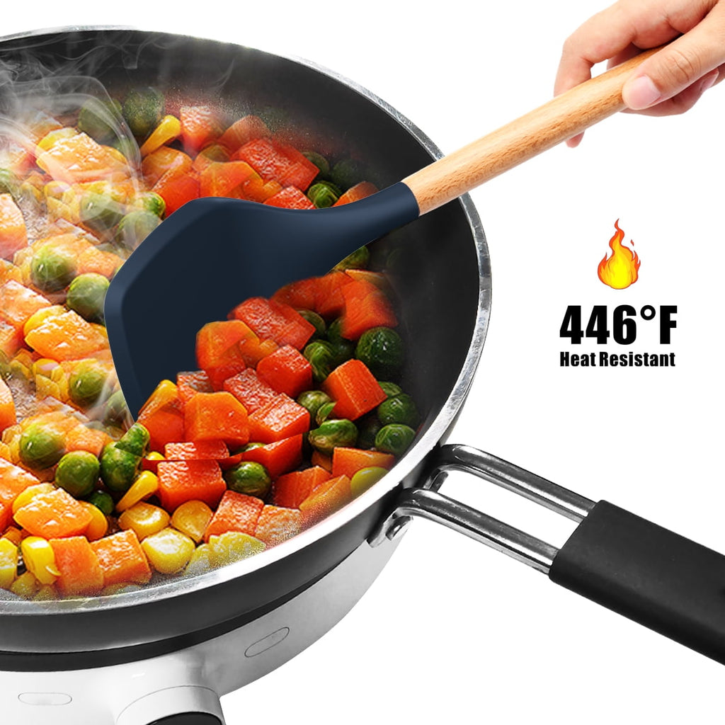Silicone Cooking Utensils Set - 446°F Silicone Kitchen Utensils for Cooking,Kitchen Utensil Spatula Set w Wooden Handles and Holder, BPA FREE Gadgets for Non-Stick Cookware (Navy Blue)