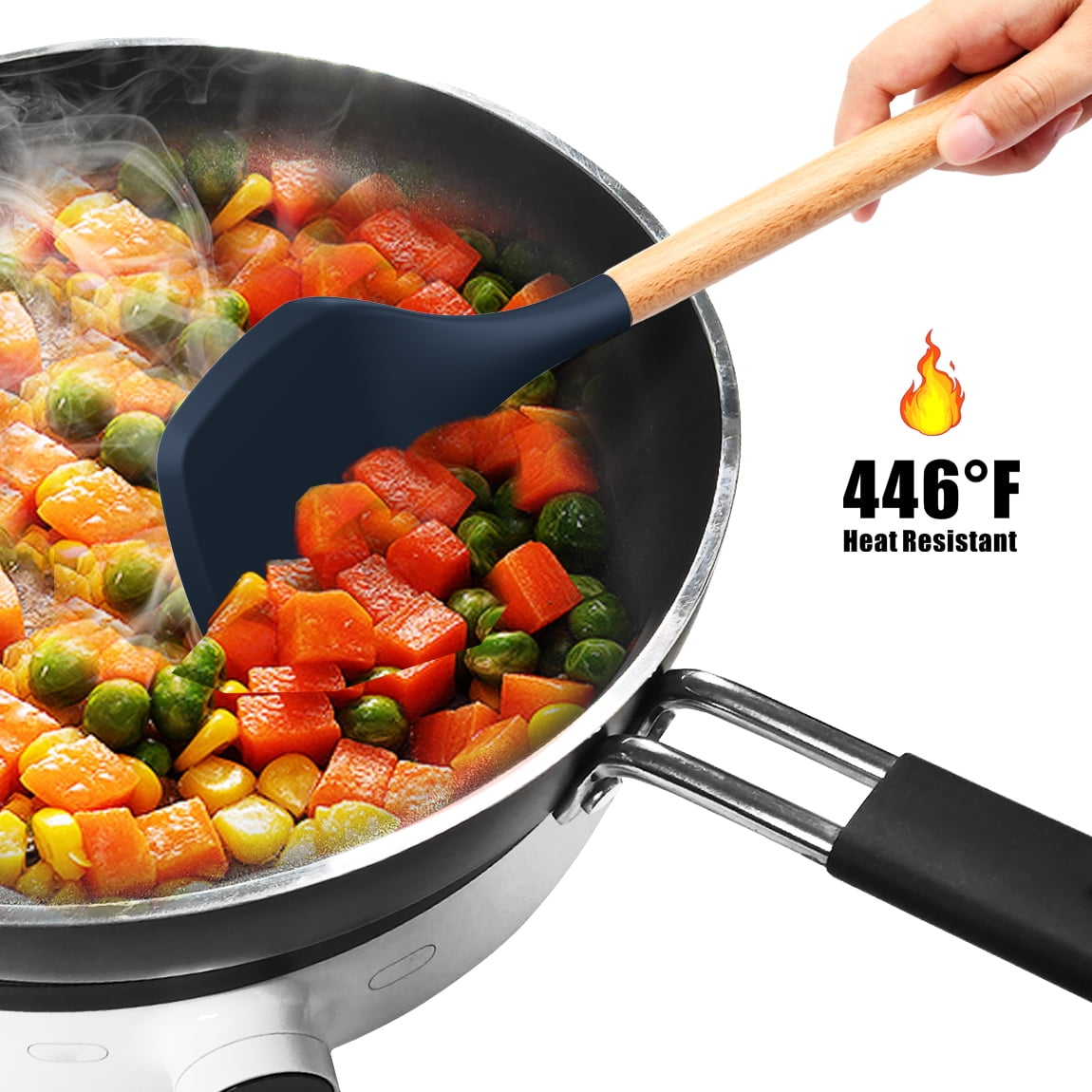 Silicone Cooking Utensils Set - 446°F Silicone Kitchen Utensils for Cooking,Kitchen Utensil Spatula Set w Wooden Handles and Holder, BPA FREE Gadgets for Non-Stick Cookware (Navy Blue)