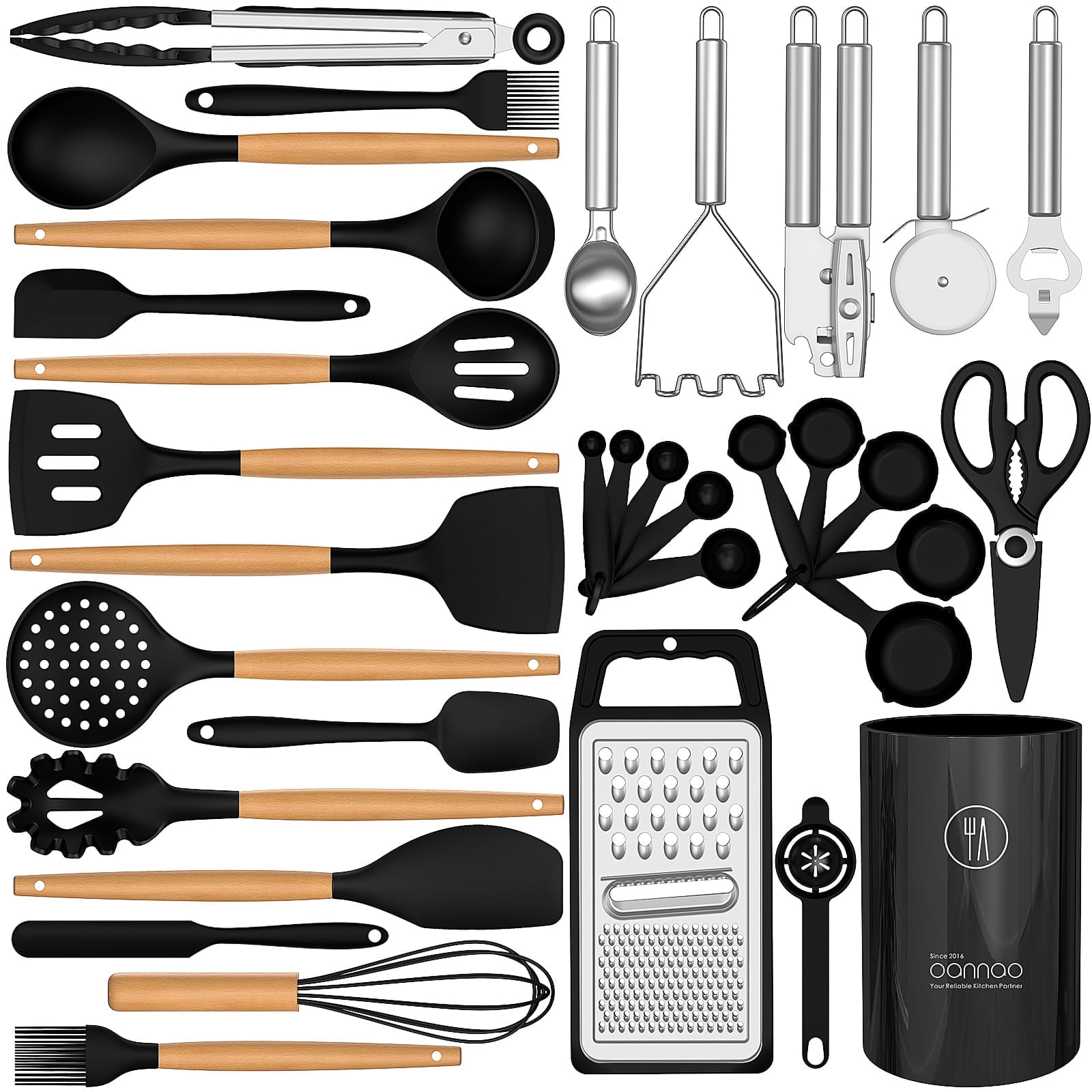 Kitchen Cooking Utensils Set, 33 pcs Non-stick Silicone Cooking Kitchen Utensils Spatula Set with Holder, Wooden Handle Silicone Kitchen Gadgets Utensil Set (Cream White)