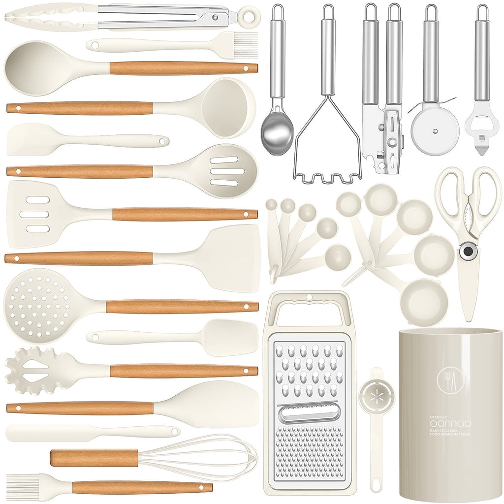 Kitchen Cooking Utensils Set, 33 pcs Non-stick Silicone Cooking Kitchen Utensils Spatula Set with Holder, Wooden Handle Silicone Kitchen Gadgets Utensil Set (Cream White)