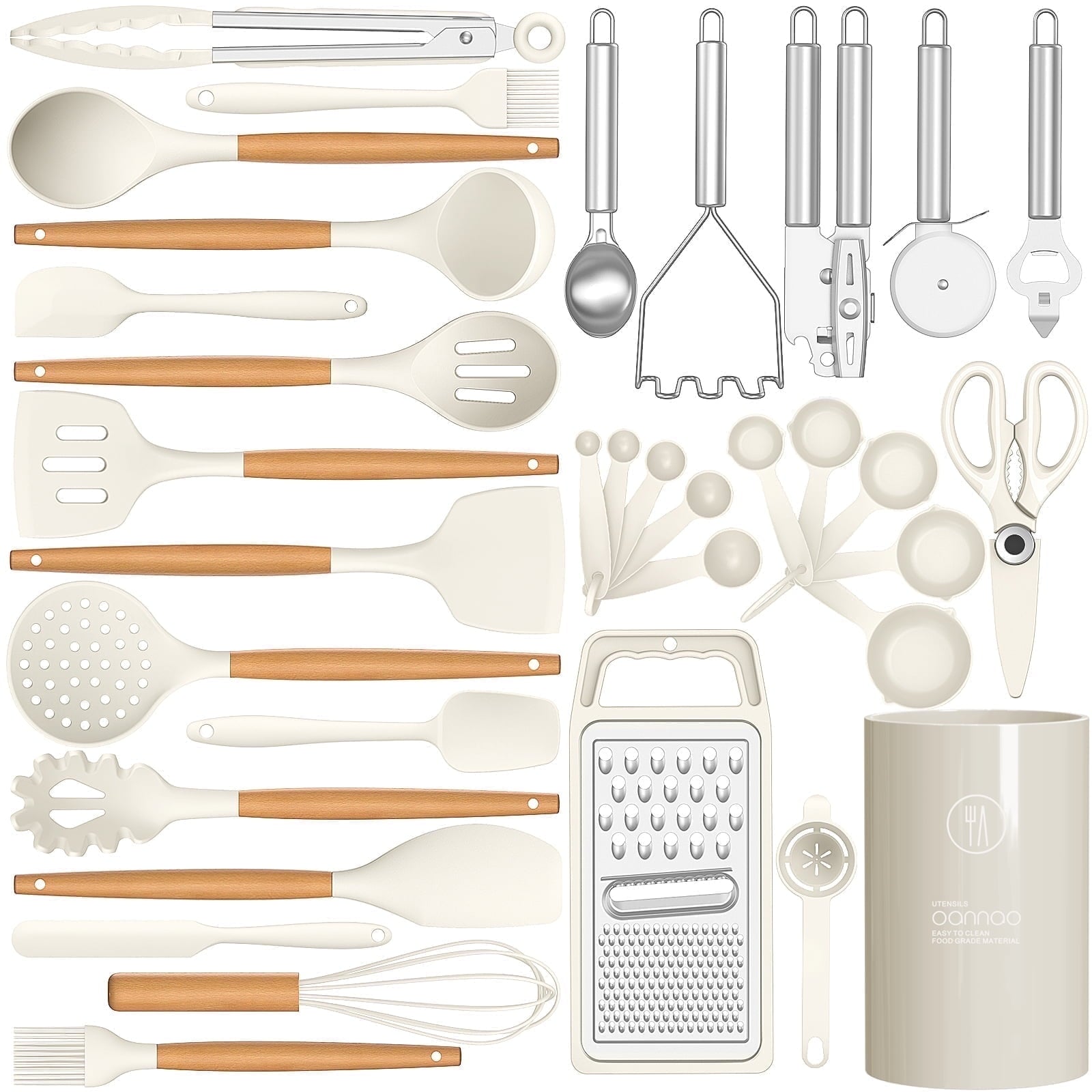 Kitchen Cooking Utensils Set, 33 pcs Non-stick Silicone Cooking Kitchen Utensils Spatula Set with Holder, Wooden Handle Silicone Kitchen Gadgets Utensil Set (Cream White)