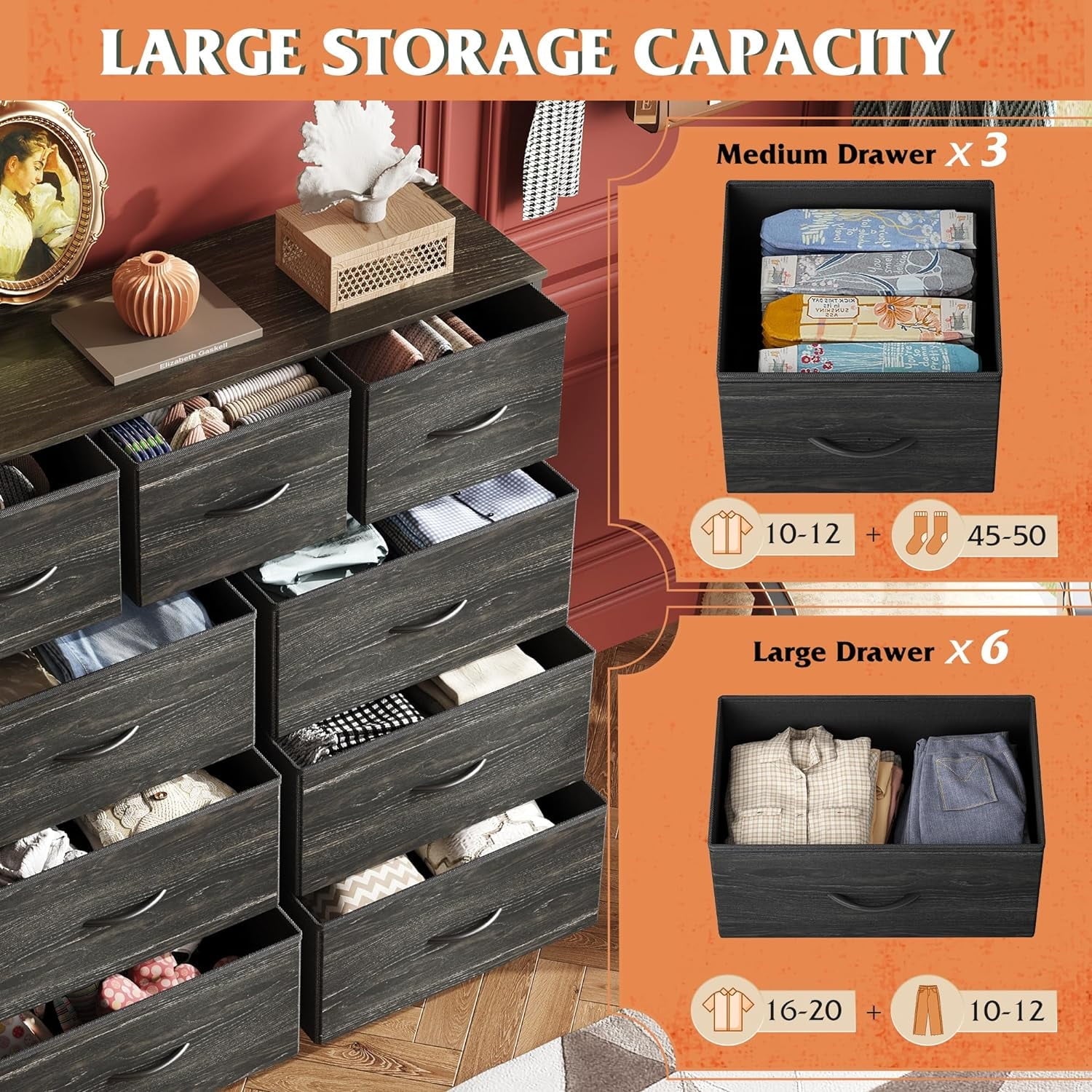 Dresser, Storage Organizer with 9 Drawers for Bedroom, Chest of Drawer with Fabric Bin, Sturdy Metal Frame, Wood Top for Closet, Nursery,Black