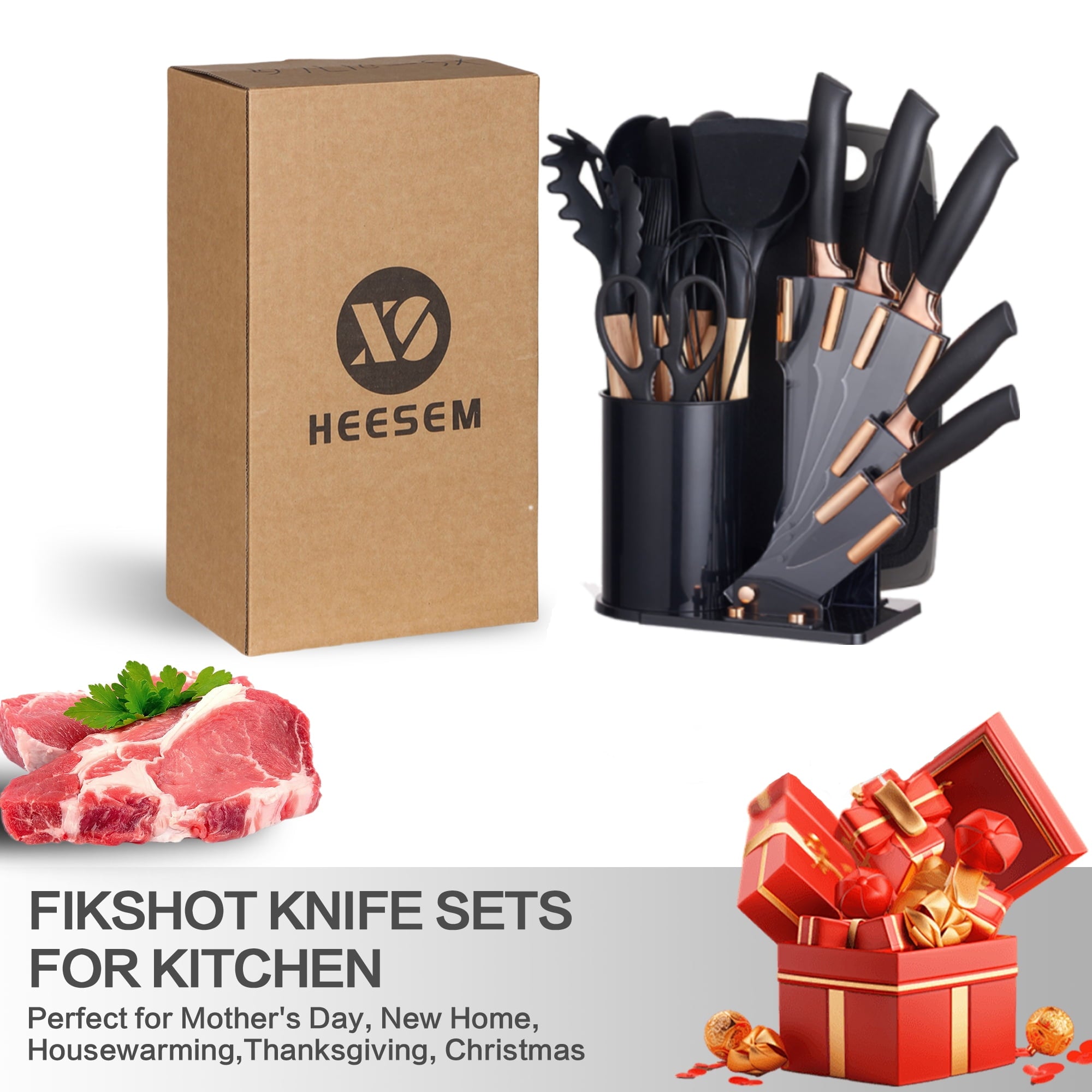 19-Piece Silicone Kitchen Utensil &amp; Knife Set - Heat-Resistant Cooking Tools Non-Stick Safe Gift for Mom or Women Black