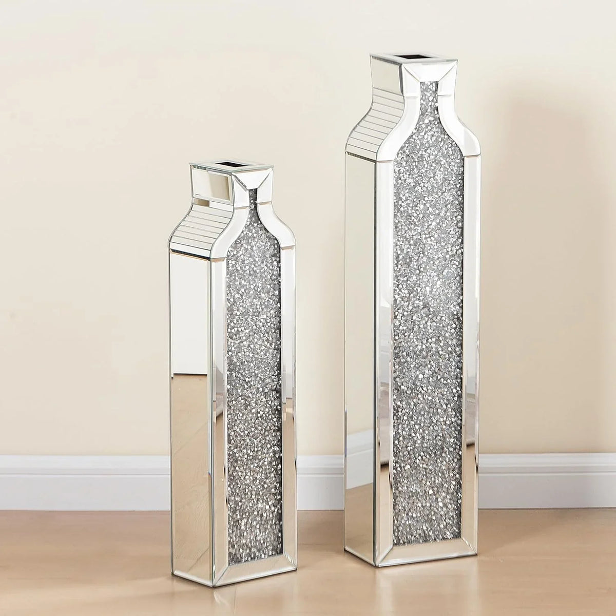 Floor vase crushing diamond reflective vase - Silver floor-style vase set (2-piece) - 24-inch and 30-inch large crystal goblet vases, suitable for living rooms, dining rooms, bedrooms, home corners, corridors, indoor offices and floors.