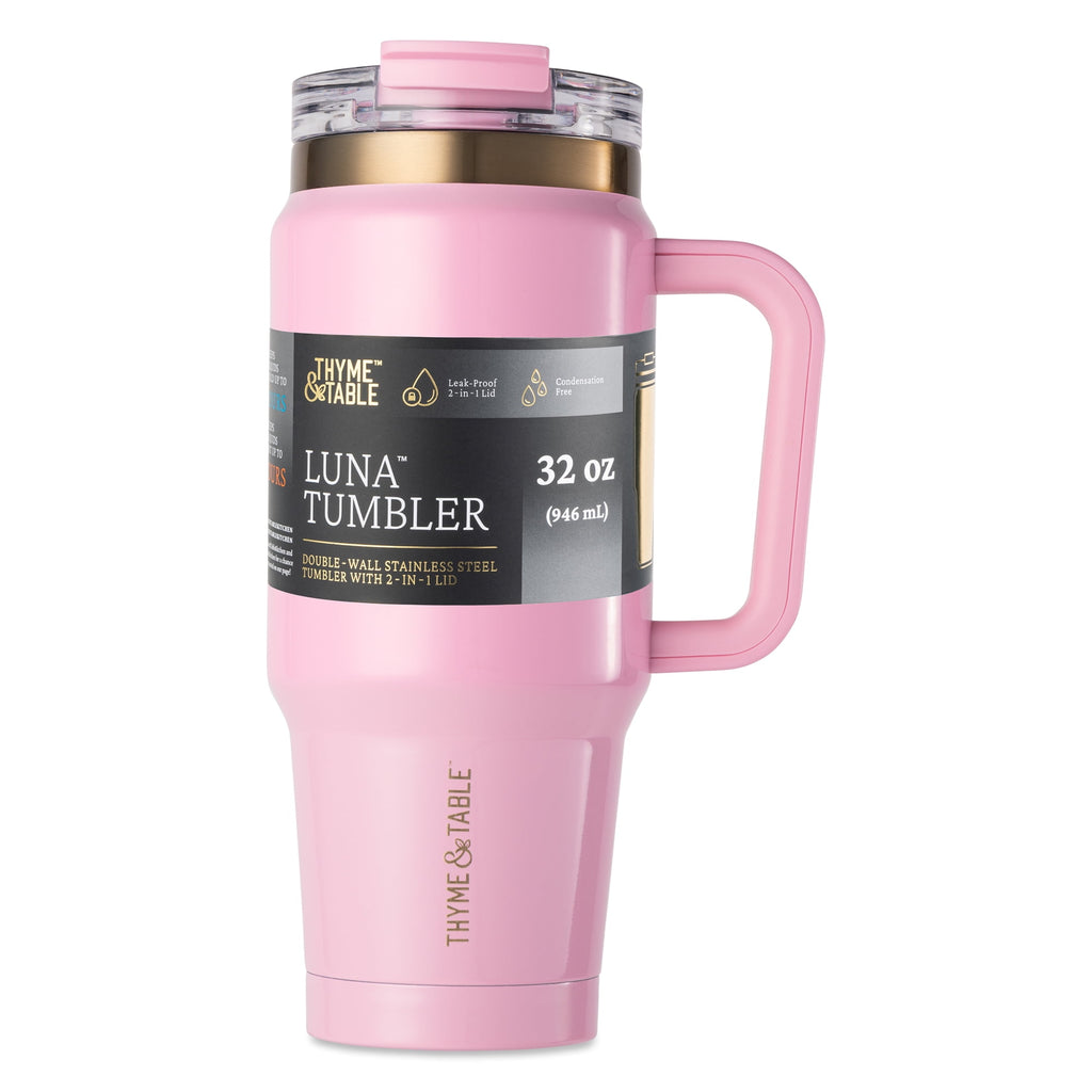 Thyme &amp; Table 32 fl oz Stainless Steel Luna Tumbler with Handle and Dual Straw Lid, Cream &amp; Black Check