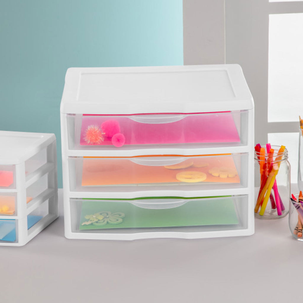 Wide 3 Drawer Unit, Clear Plastic Countertop or Desktop Drawers, White