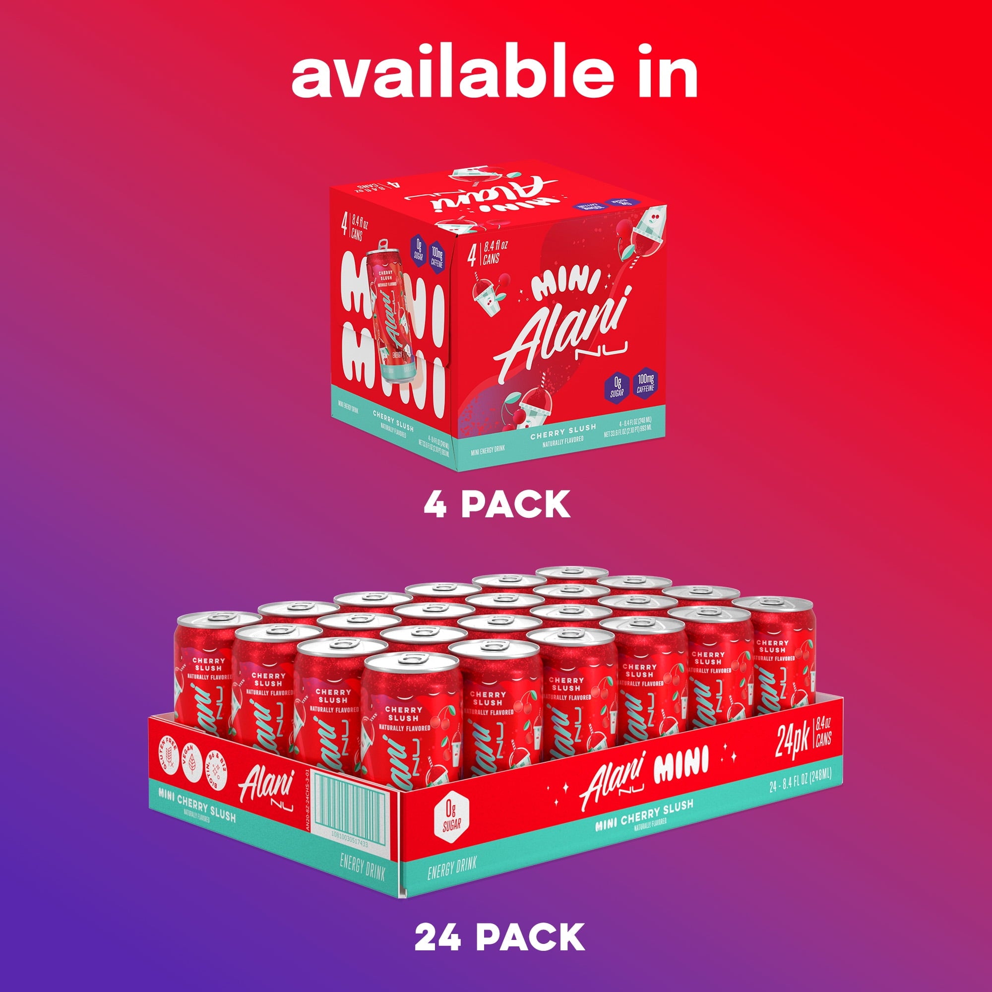 Sugar Free Energy Drink Mini, Cherry Slush, 8.4 fl oz, 4 Pack, Cans, 100mg Caffeine