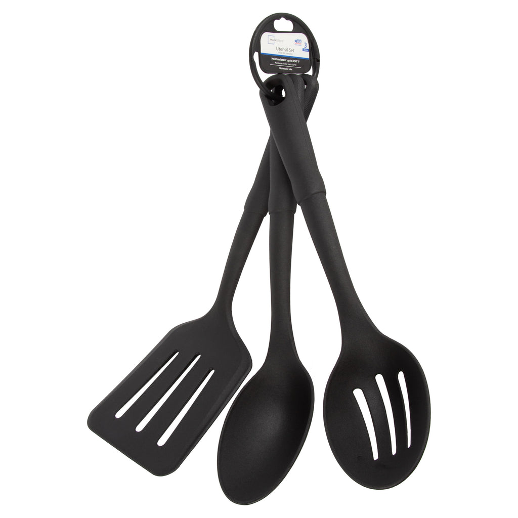 (4 pack) 3-Piece Kitchen Utensil Set, Slotted Spatula, Slotted Spoon and Solid Spoon, Black, Nylon