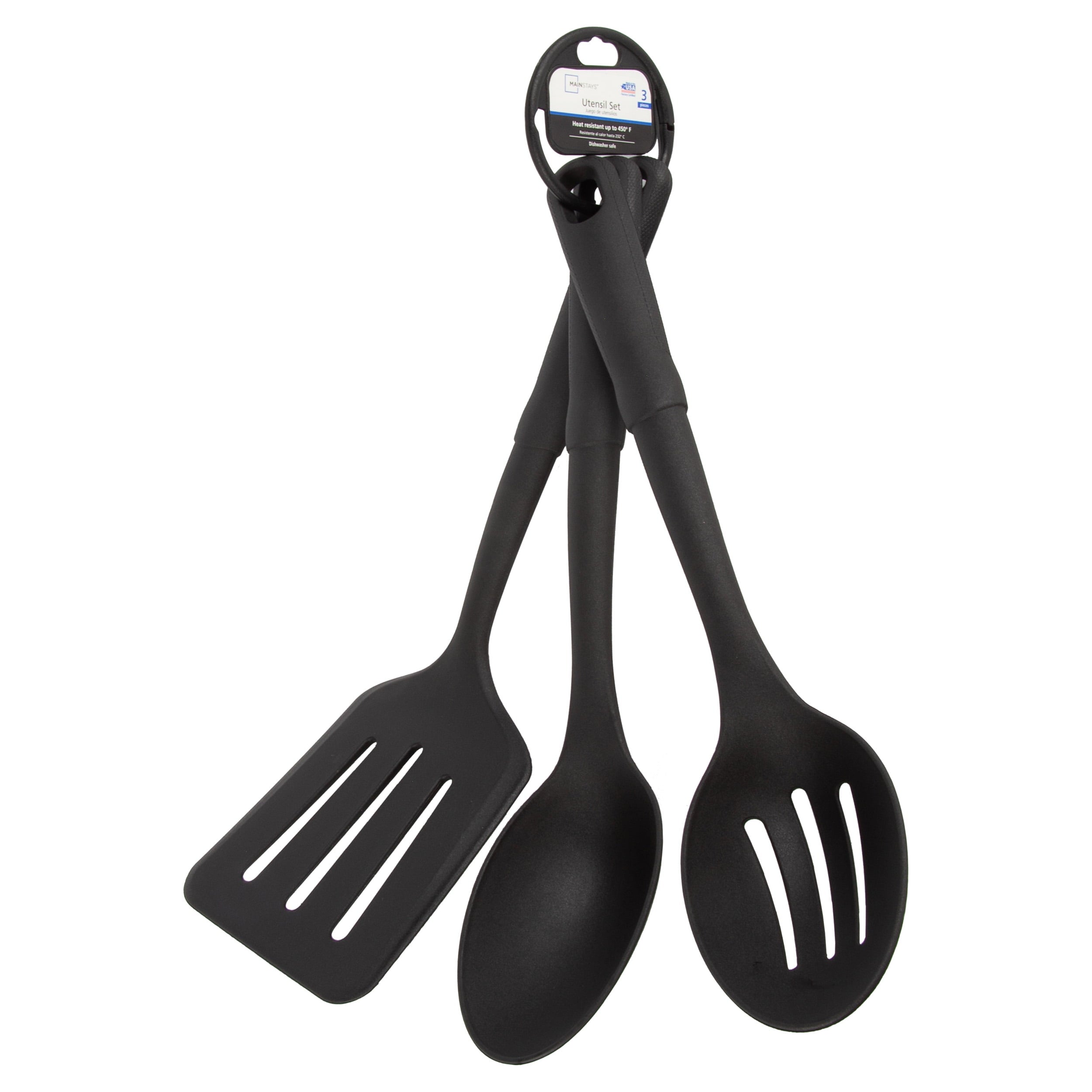 (4 pack) 3-Piece Kitchen Utensil Set, Slotted Spatula, Slotted Spoon and Solid Spoon, Black, Nylon
