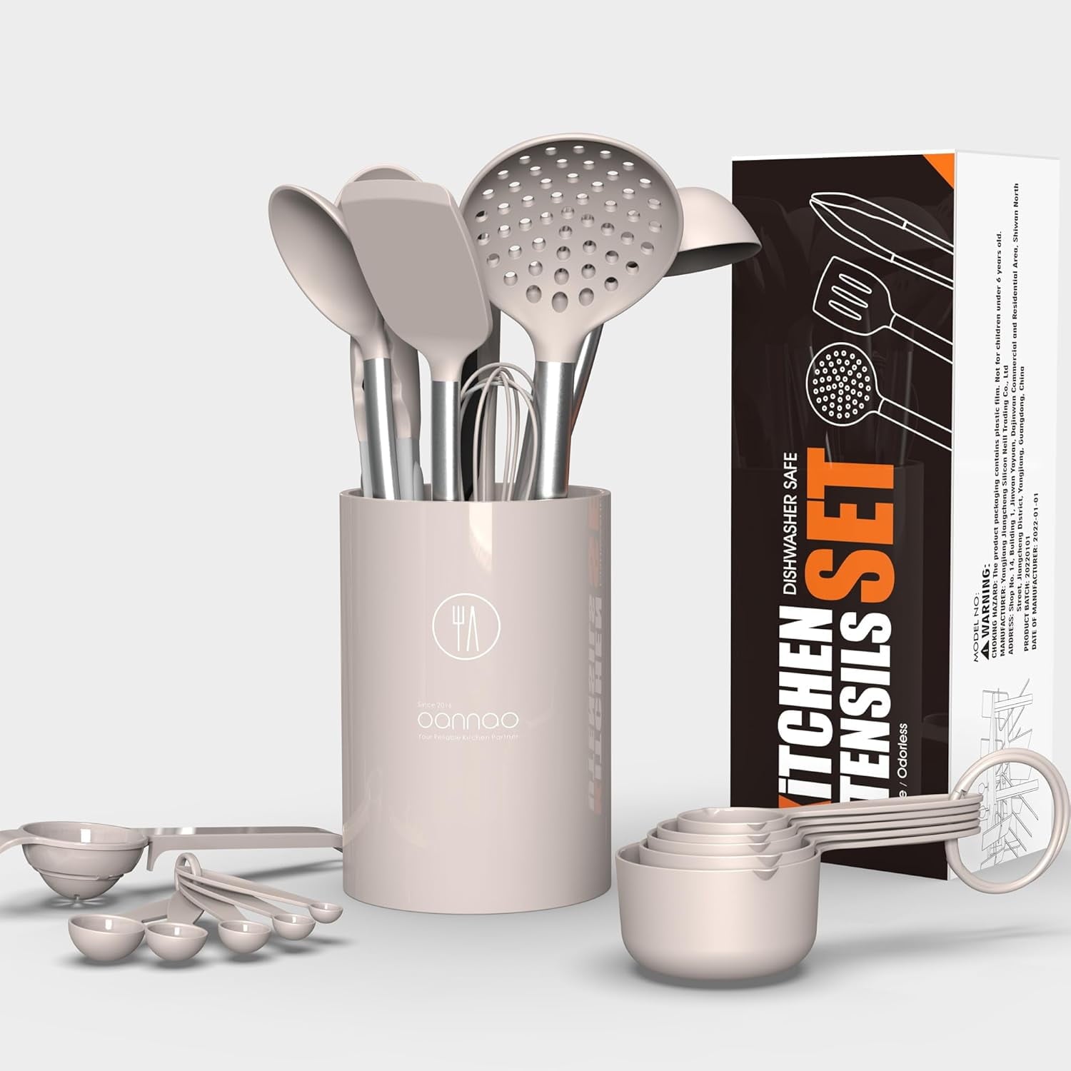 Large Silicone Cooking Utensils Set - Kitchen Utensils,Turner Tongs,Spatula,Spoon,Brush,Whisk,Stainless Steel Silicone Cooking Tool for Nonstick Cookware, (Khaki)