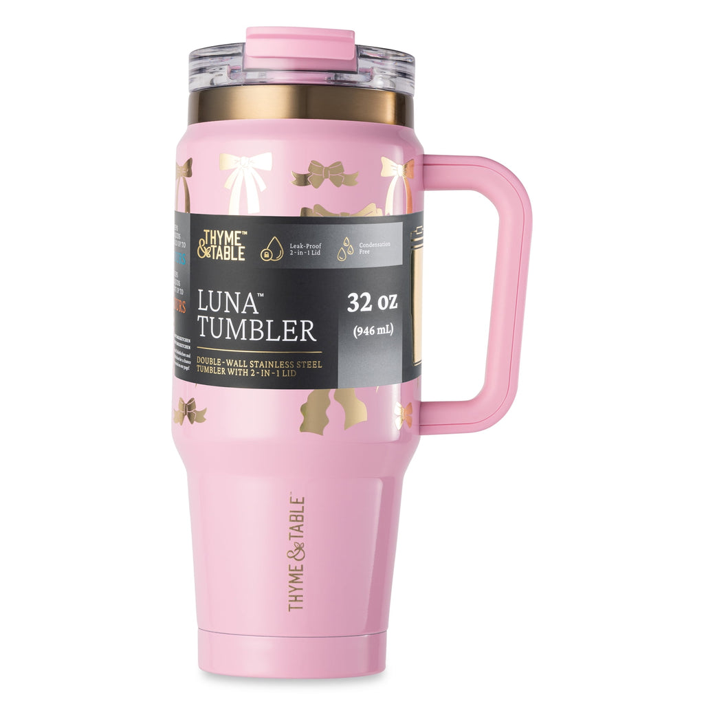 Thyme &amp; Table 32 fl oz Stainless Steel Luna Tumbler with Handle and Dual Straw Lid, Cream &amp; Black Check