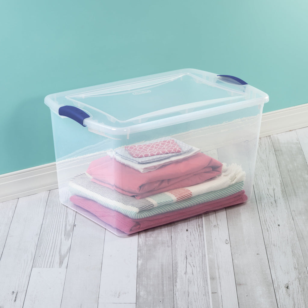 66 Quart Large Latching Storage Bin, Clear Plastic Storage Container with Latch Lid, Blue
